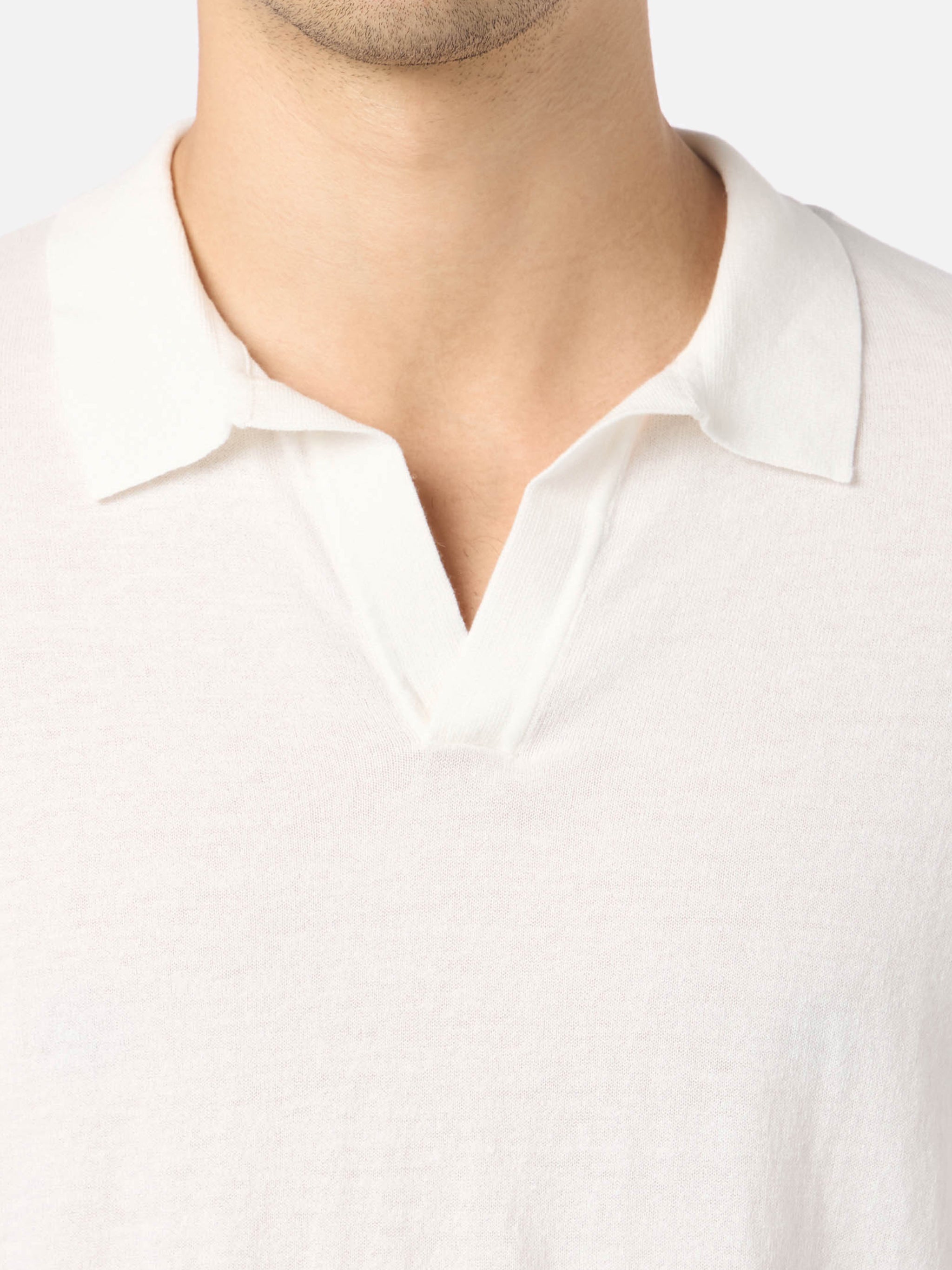 Off-Cream Buttonless Knitted Polo Shirt Sloan White Knitwear