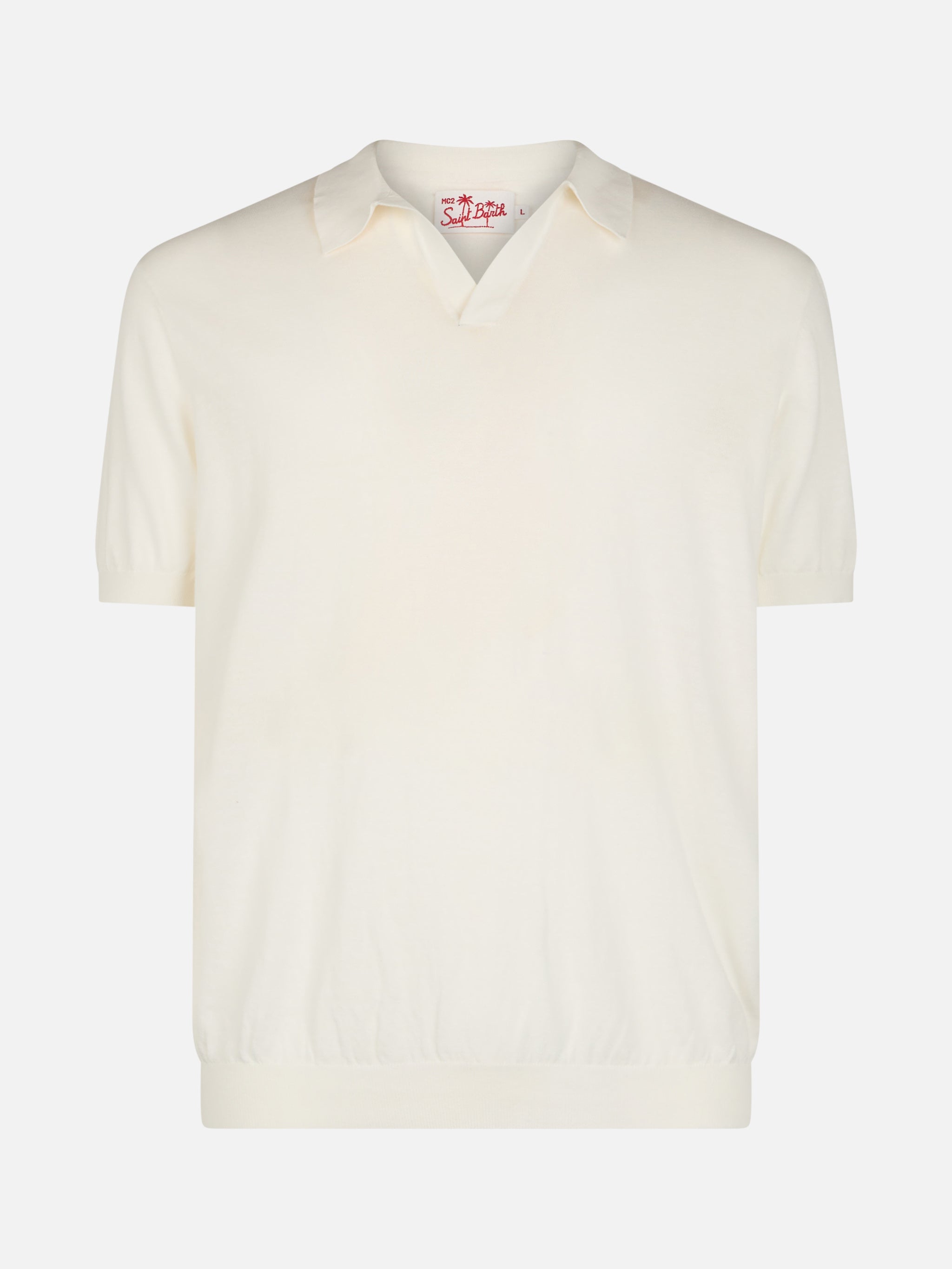Off-Cream Buttonless Knitted Polo Shirt Sloan White Knitwear
