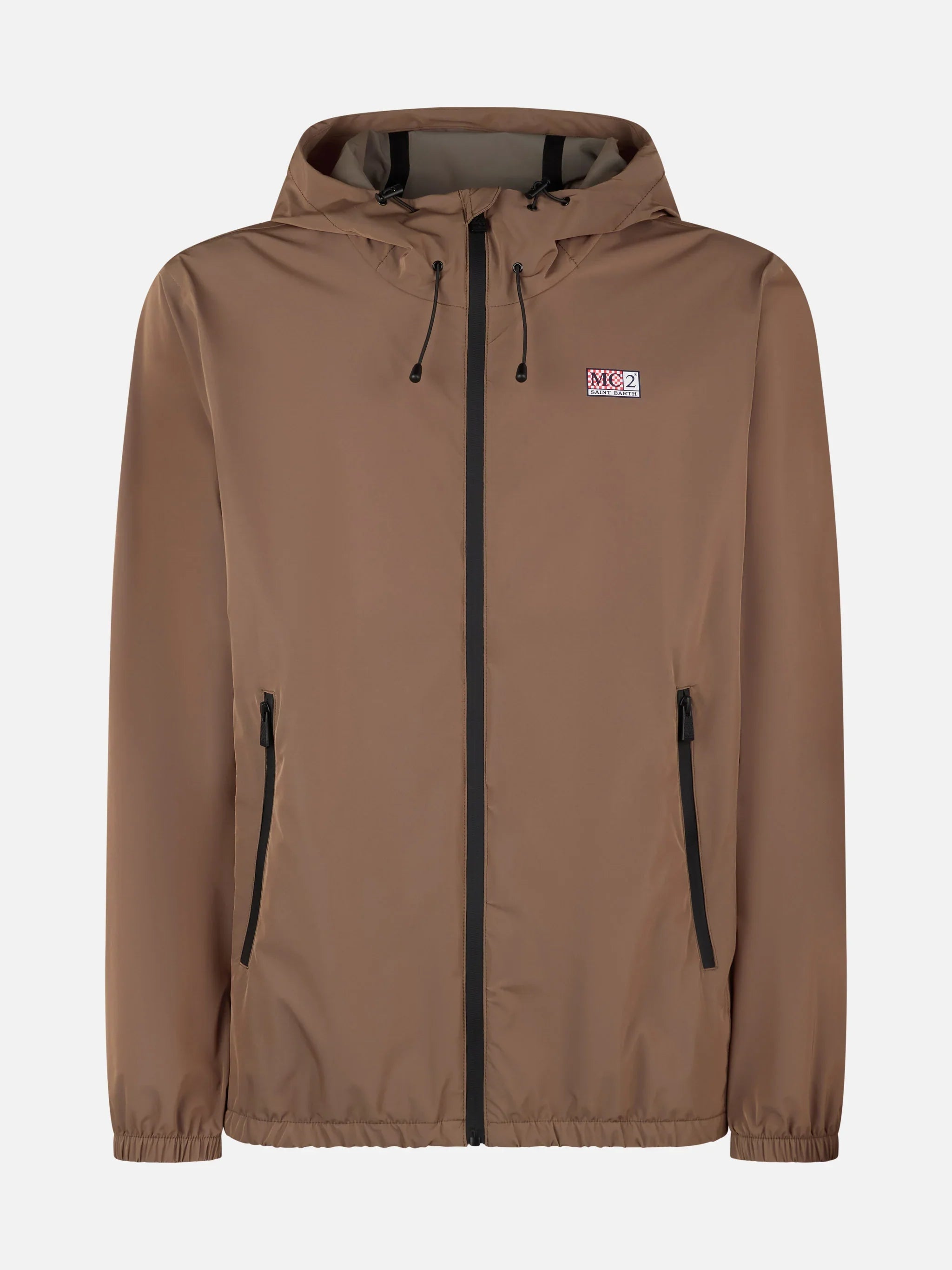 Man Hooded Lightweight Khaki Green Fabric Windbreaker Sloop Brown Jacket