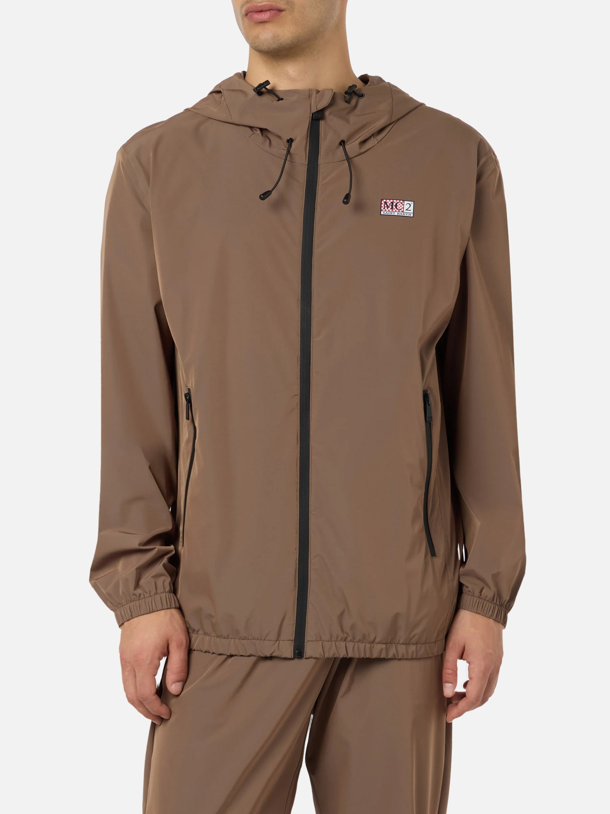 Man Hooded Lightweight Khaki Green Fabric Windbreaker Sloop Brown Jacket