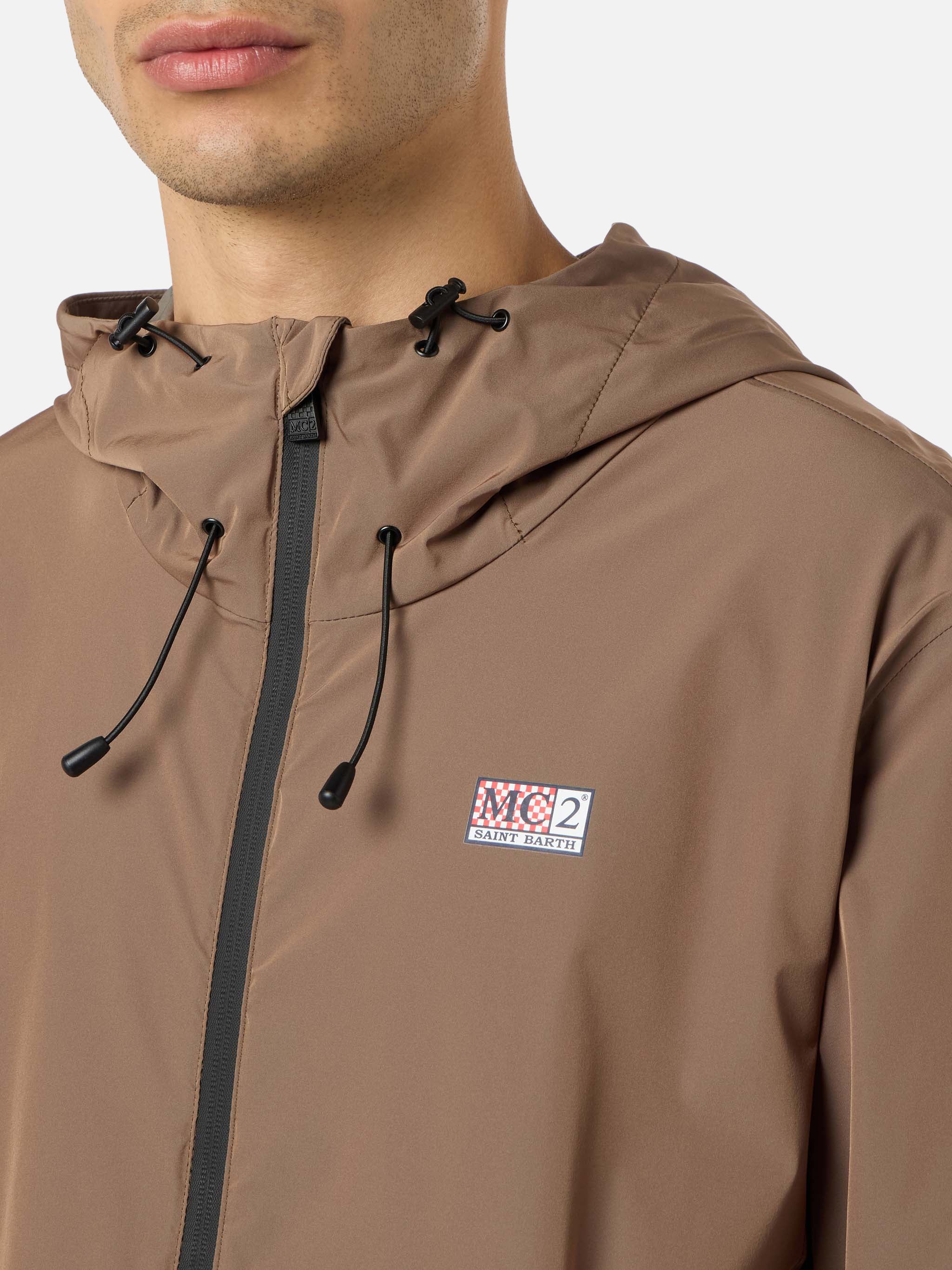 Man Hooded Lightweight Khaki Green Fabric Windbreaker Sloop Brown Jacket