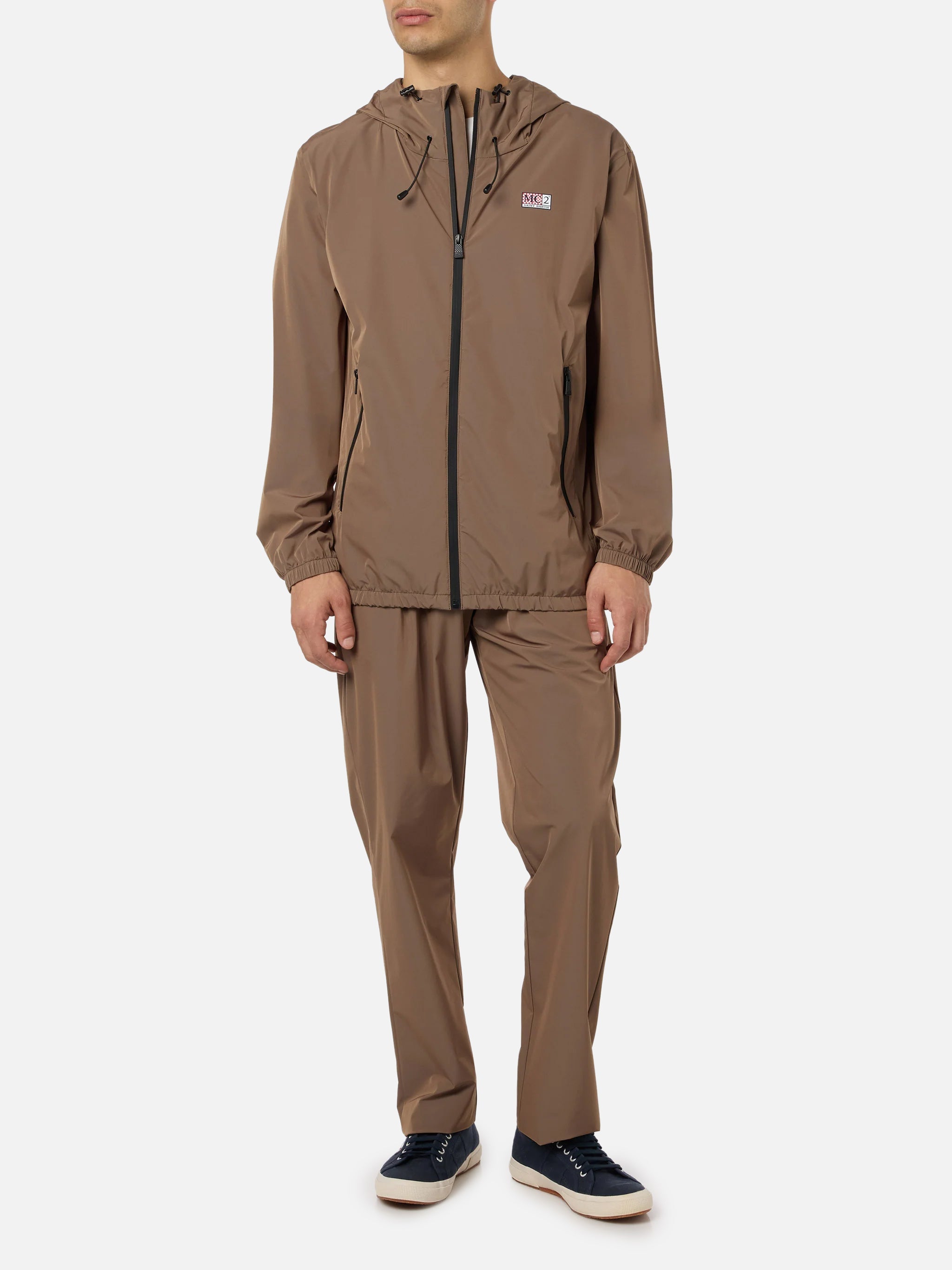 Man Hooded Lightweight Khaki Green Fabric Windbreaker Sloop Brown Jacket