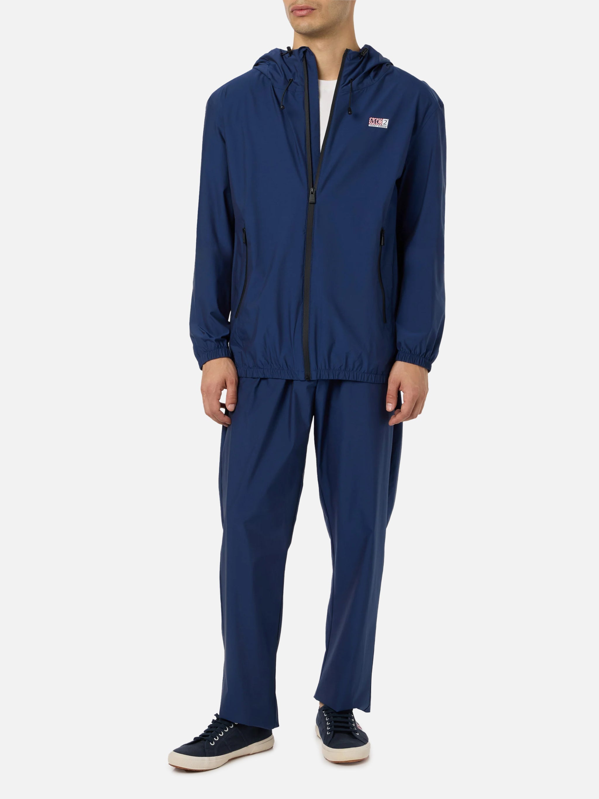 Man Hooded Lightweight Navy Blue Fabric Windbreaker Sloop __single__ Jacket