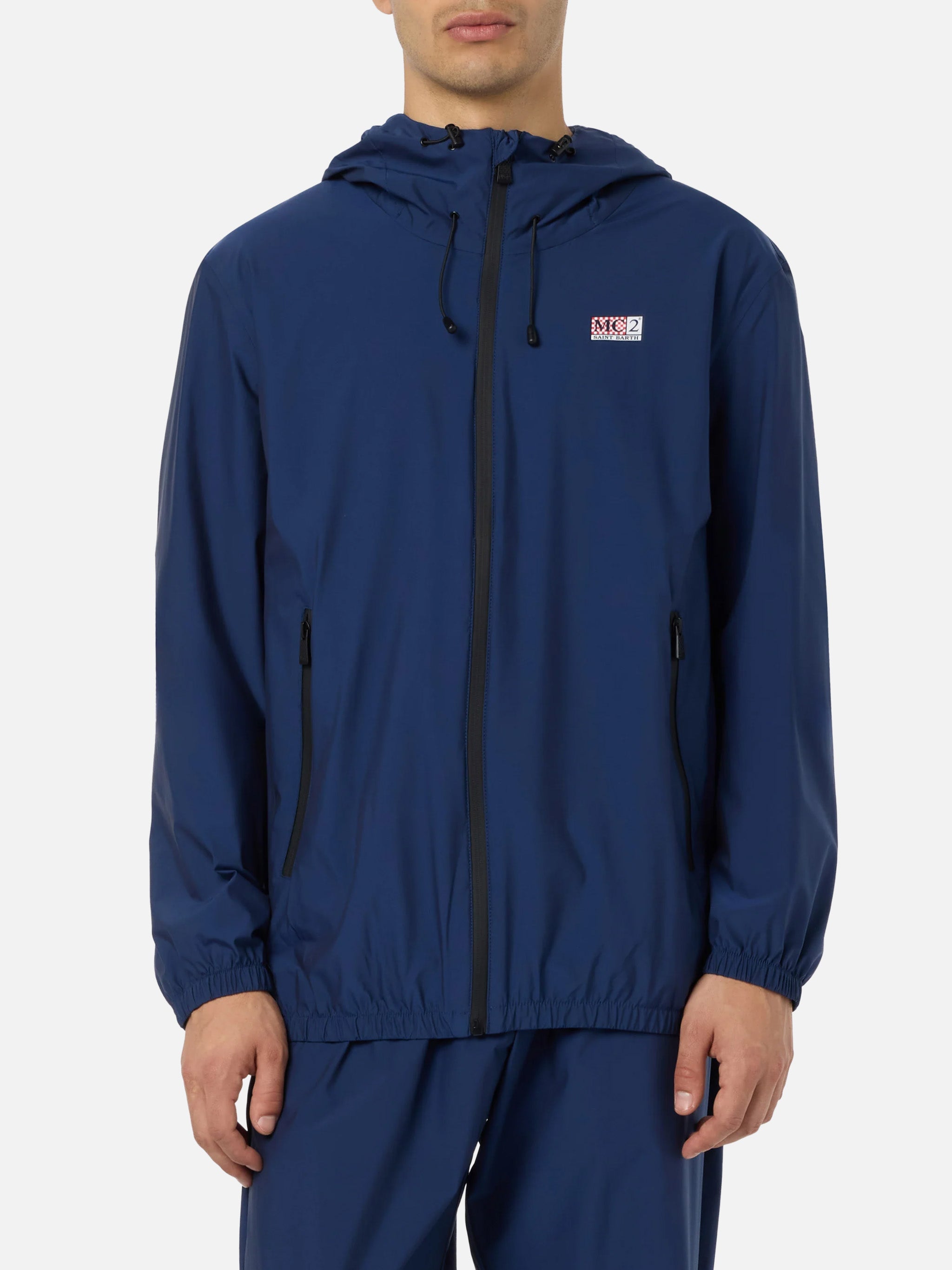 Man Hooded Lightweight Navy Blue Fabric Windbreaker Sloop __single__ Jacket