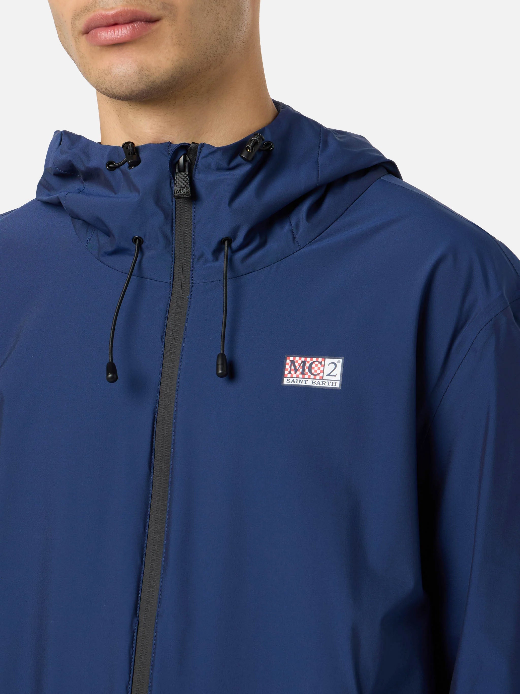 Man Hooded Lightweight Navy Blue Fabric Windbreaker Sloop __single__ Jacket
