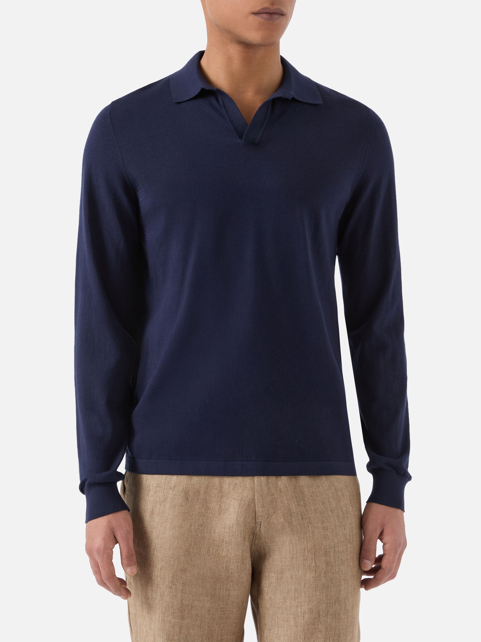 Sloan Long-Sleeve Solid Blue Polo Premium High-Twist Cotton Knitwear
