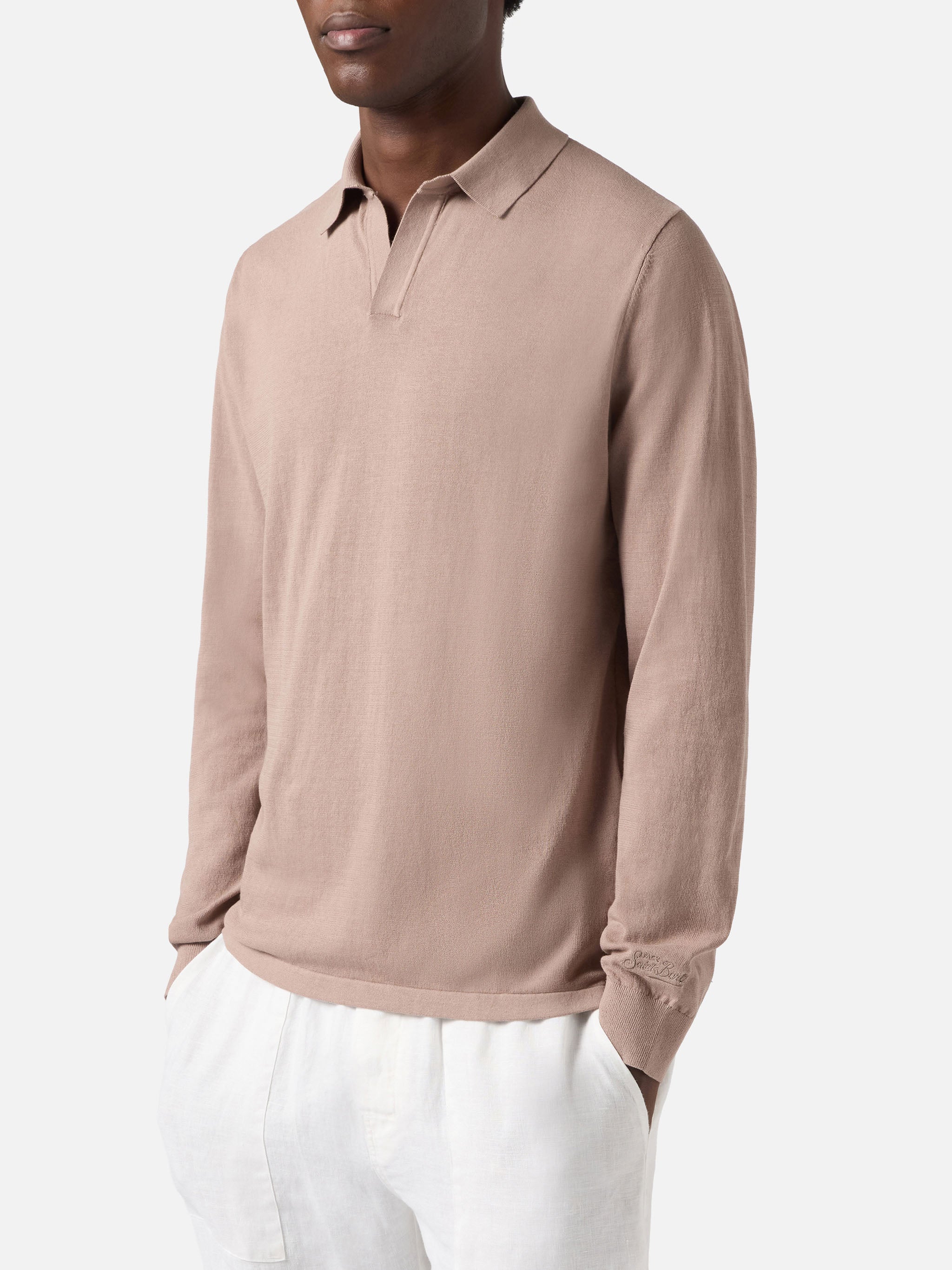 Sloan Long-Sleeve Solid Taupe Polo Premium High-Twist Cotton Brown Knitwear