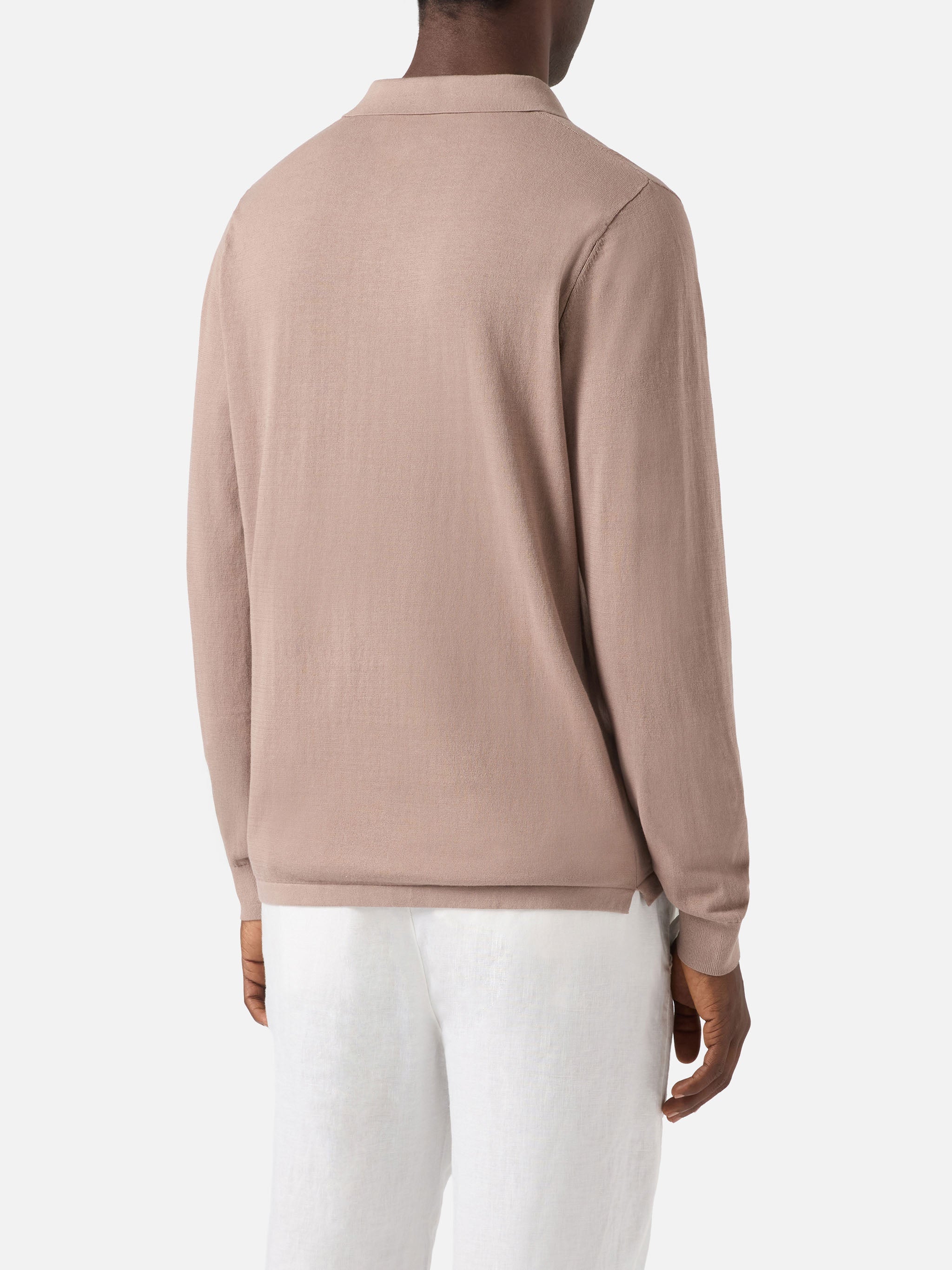 Sloan Long-Sleeve Solid Taupe Polo Premium High-Twist Cotton Brown Knitwear