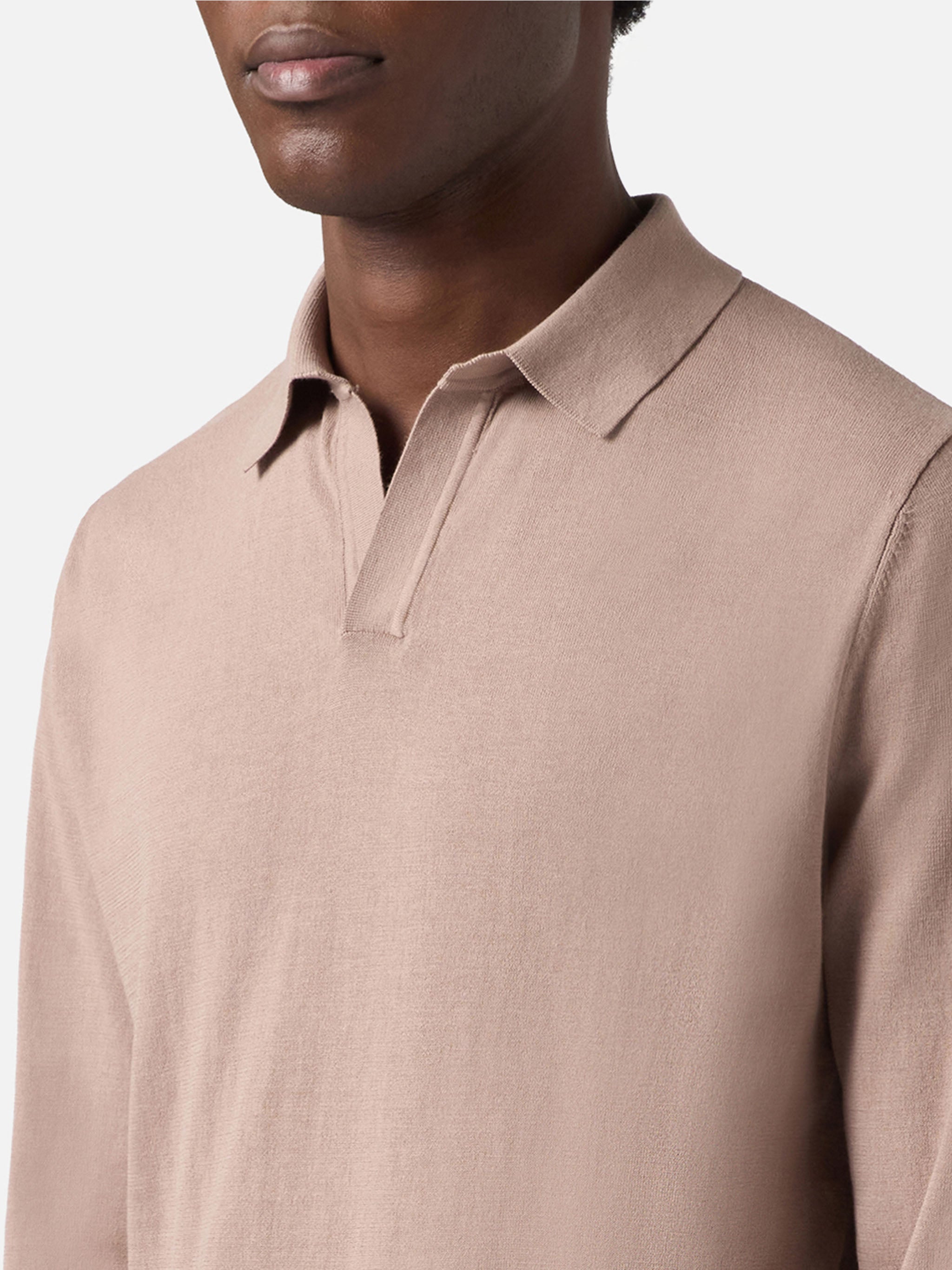 Sloan Long-Sleeve Solid Taupe Polo Premium High-Twist Cotton Brown Knitwear