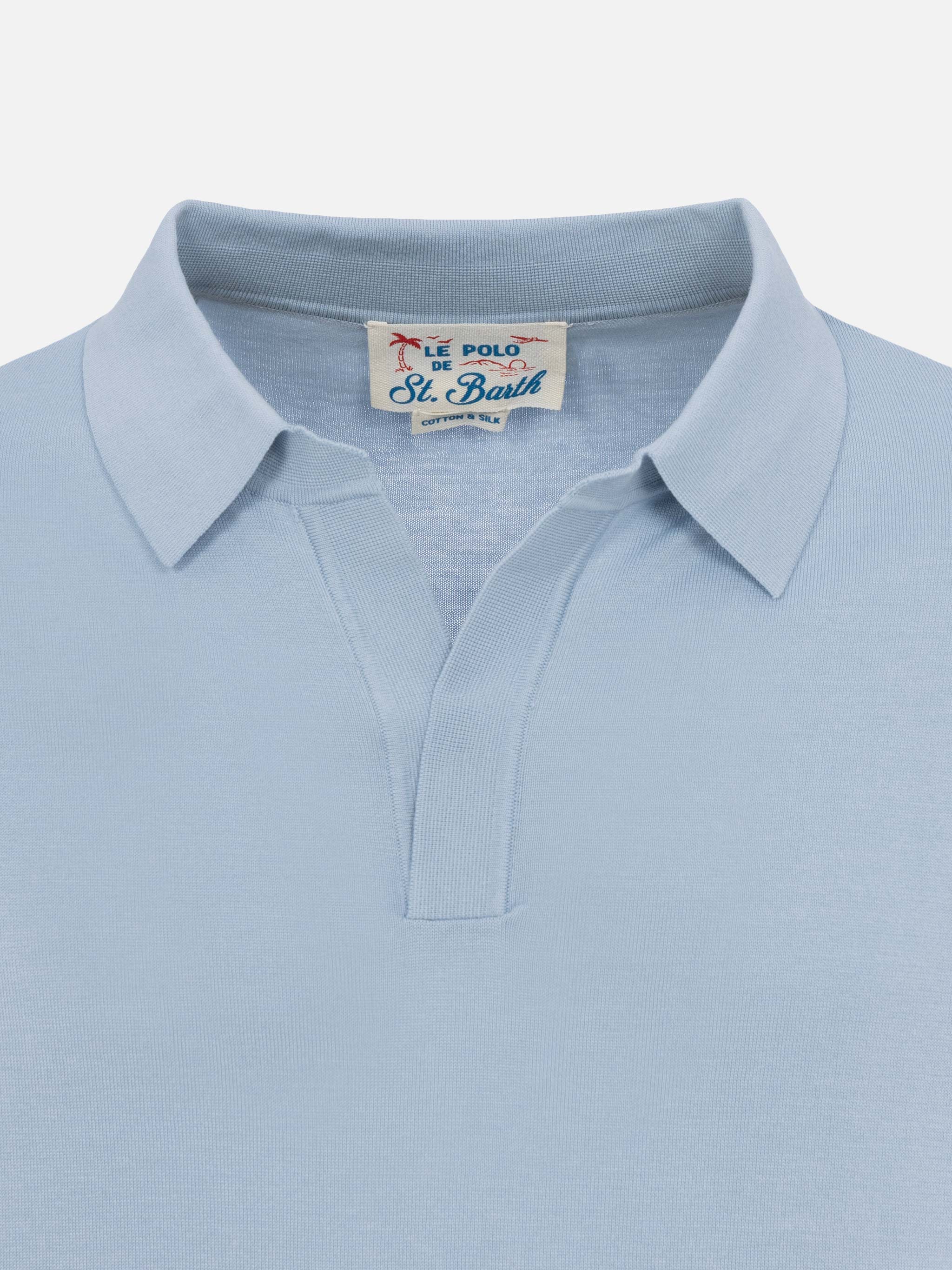 Sloan Light Blue Silk Cotton Knitted Polo Shirt Sky Knitwear