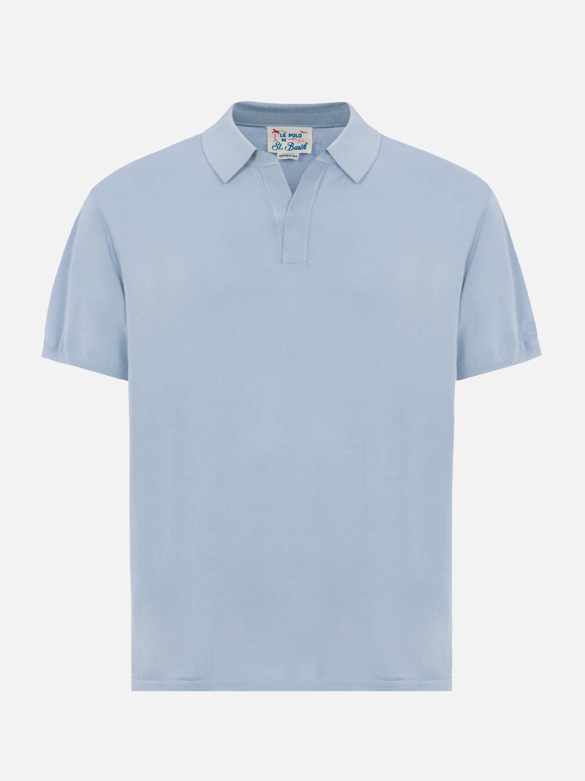 Sloan Light Blue Silk Cotton Knitted Polo Shirt Sky Knitwear