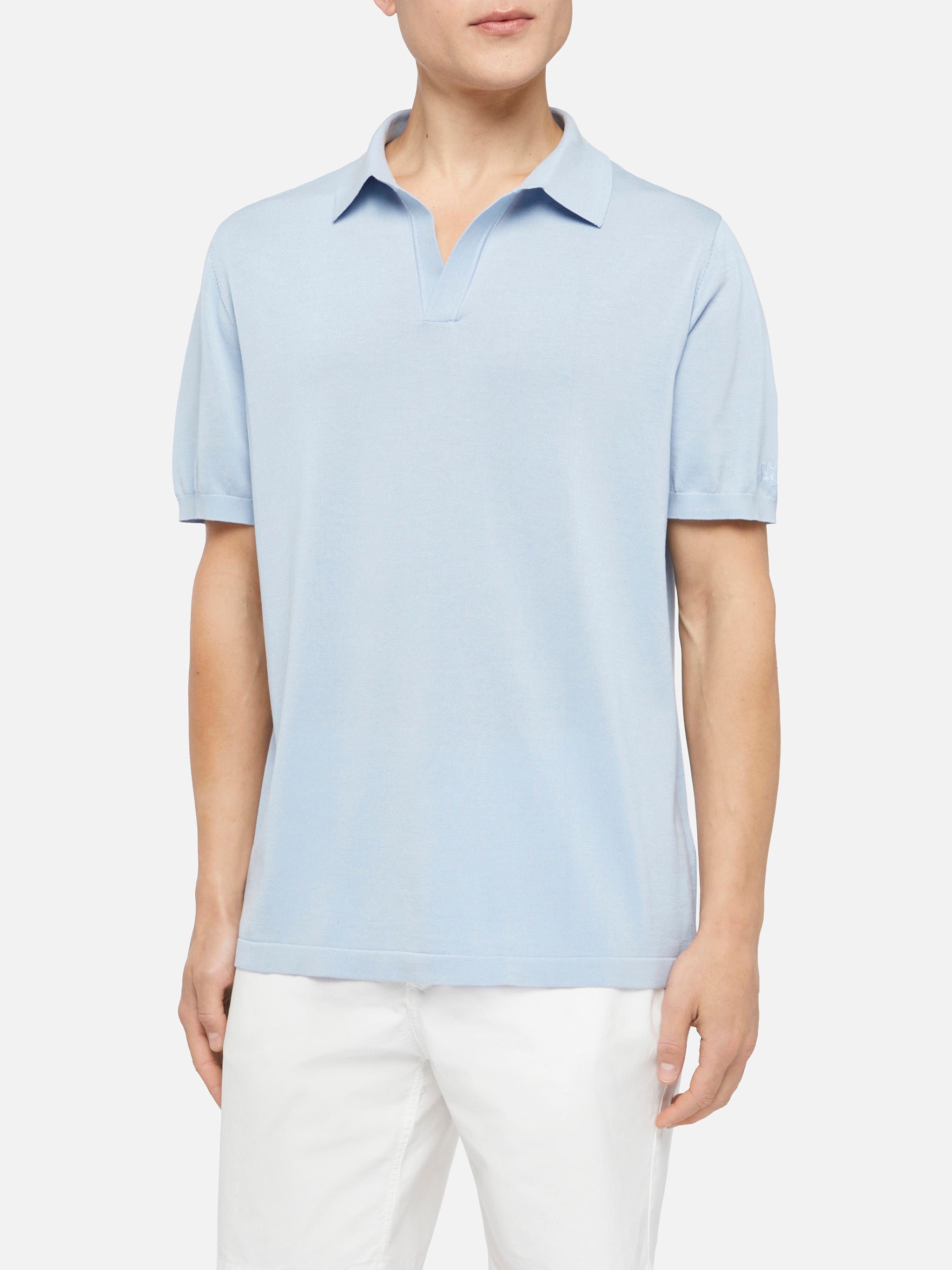 Sloan Light Blue Silk Cotton Knitted Polo Shirt Sky Knitwear