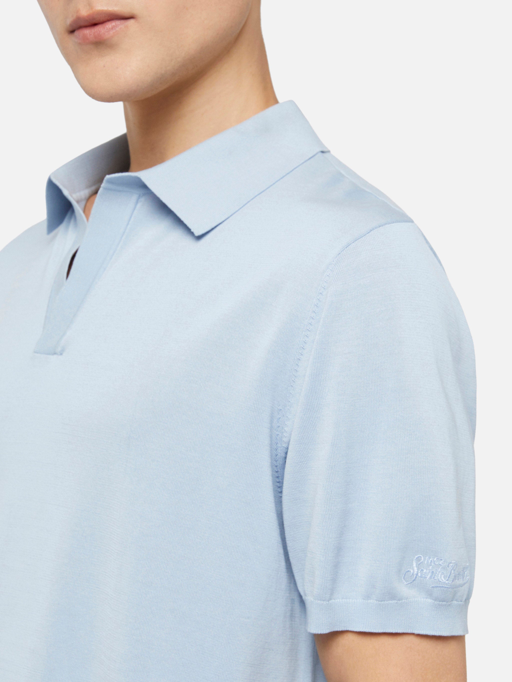Sloan Light Blue Silk Cotton Knitted Polo Shirt Sky Knitwear