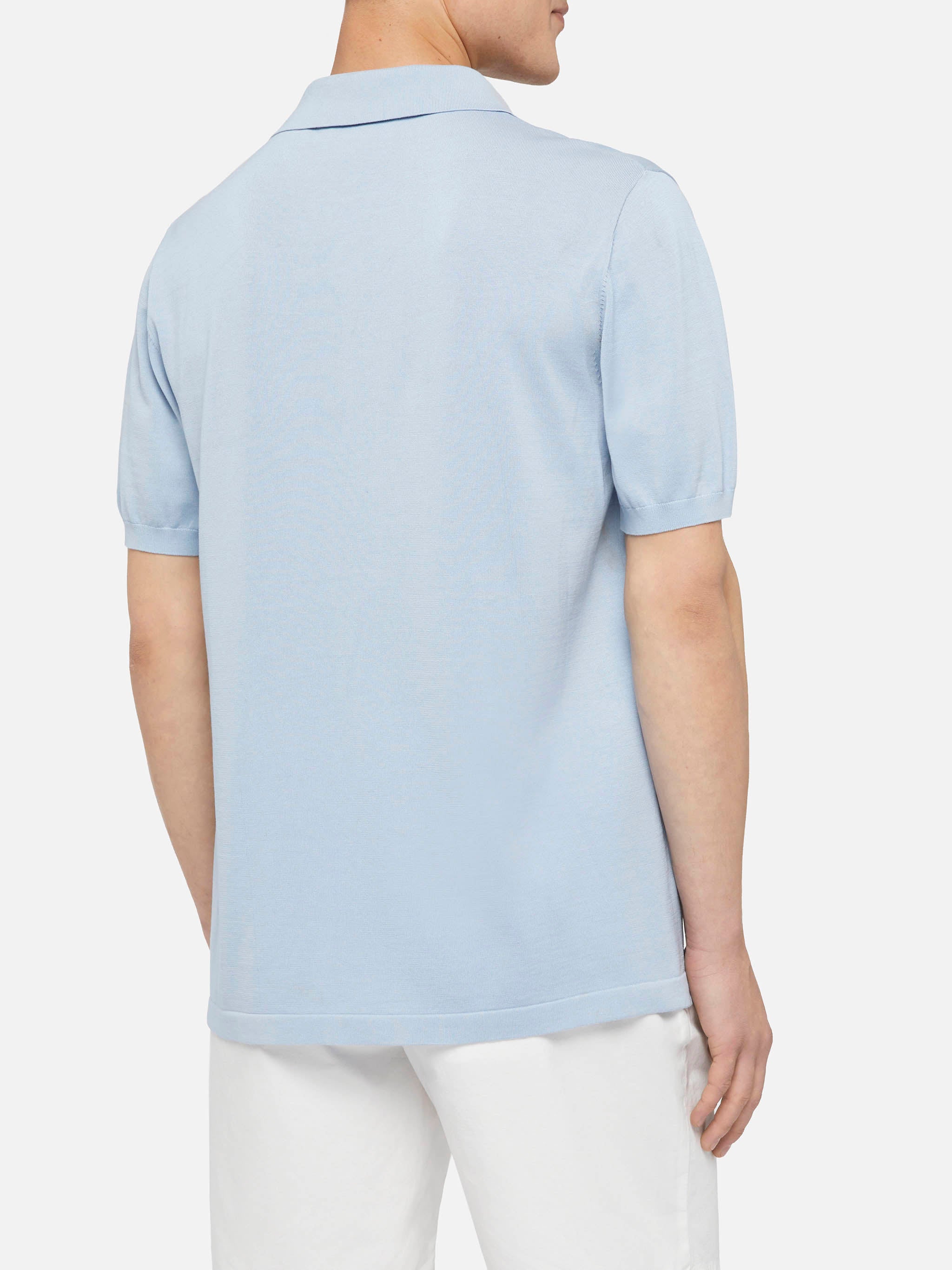 Sloan Light Blue Silk Cotton Knitted Polo Shirt Sky Knitwear