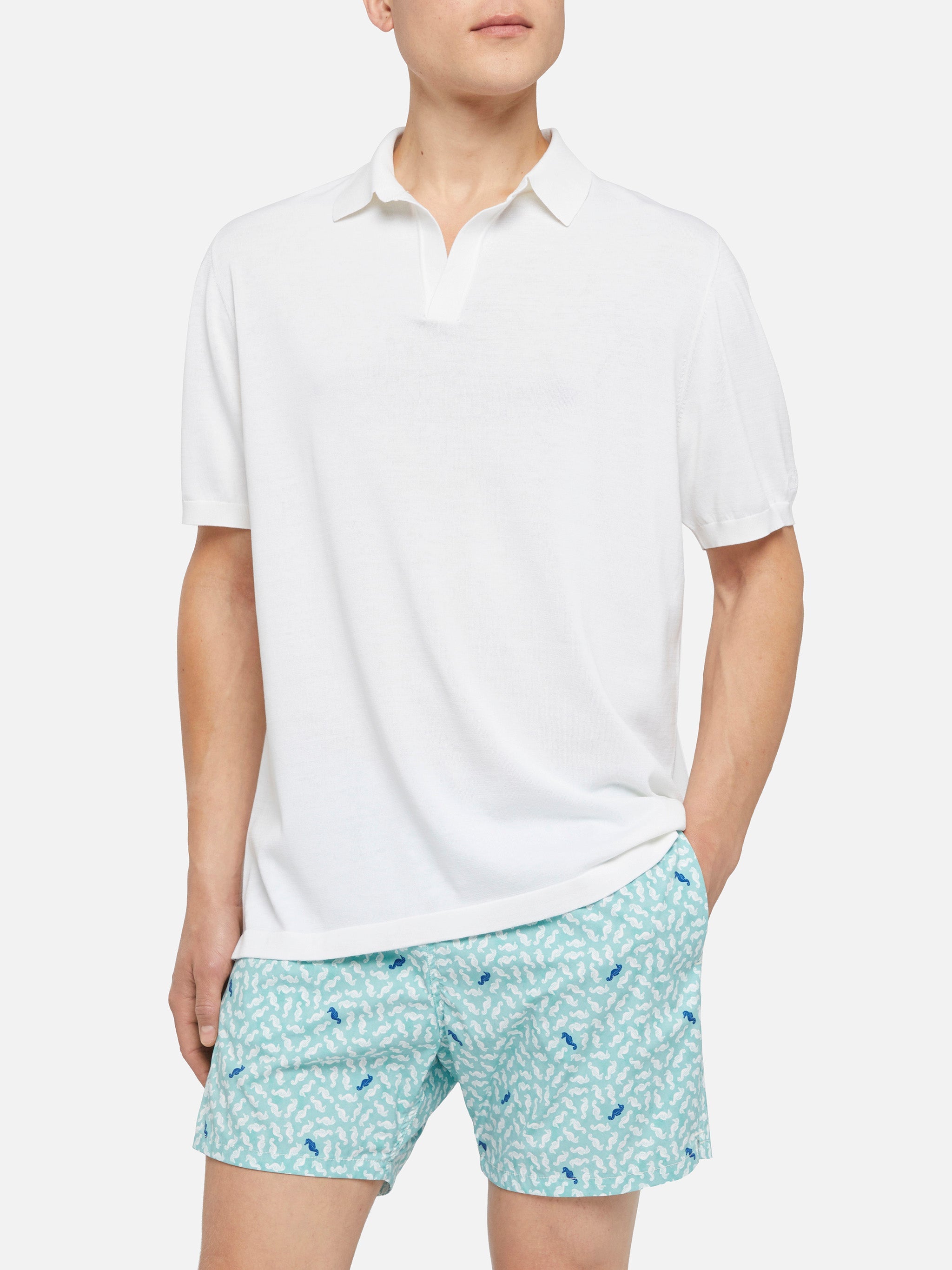 Sloan White Silk Cotton Knitted Polo Shirt Knitwear