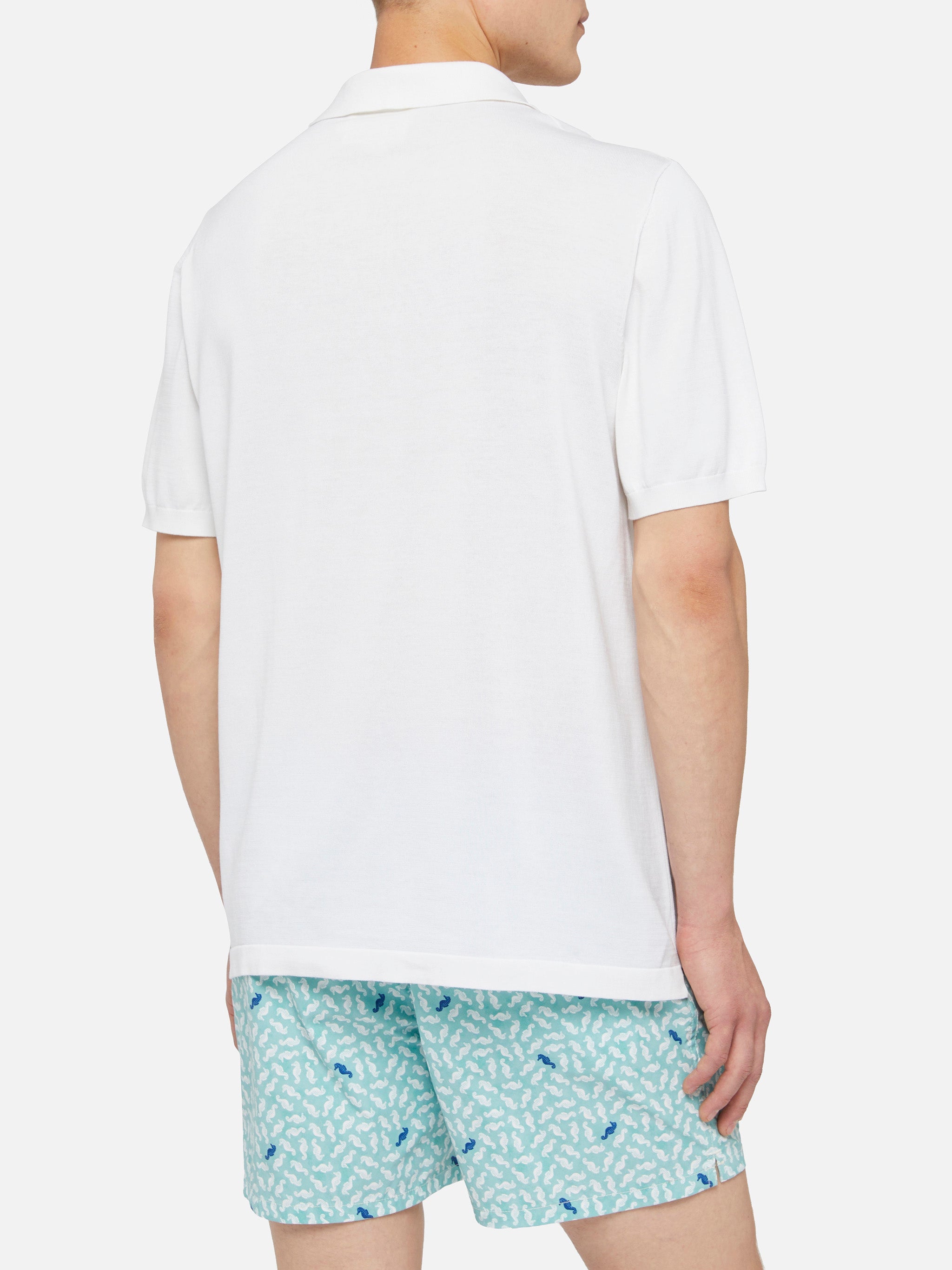 Sloan White Silk Cotton Knitted Polo Shirt Knitwear