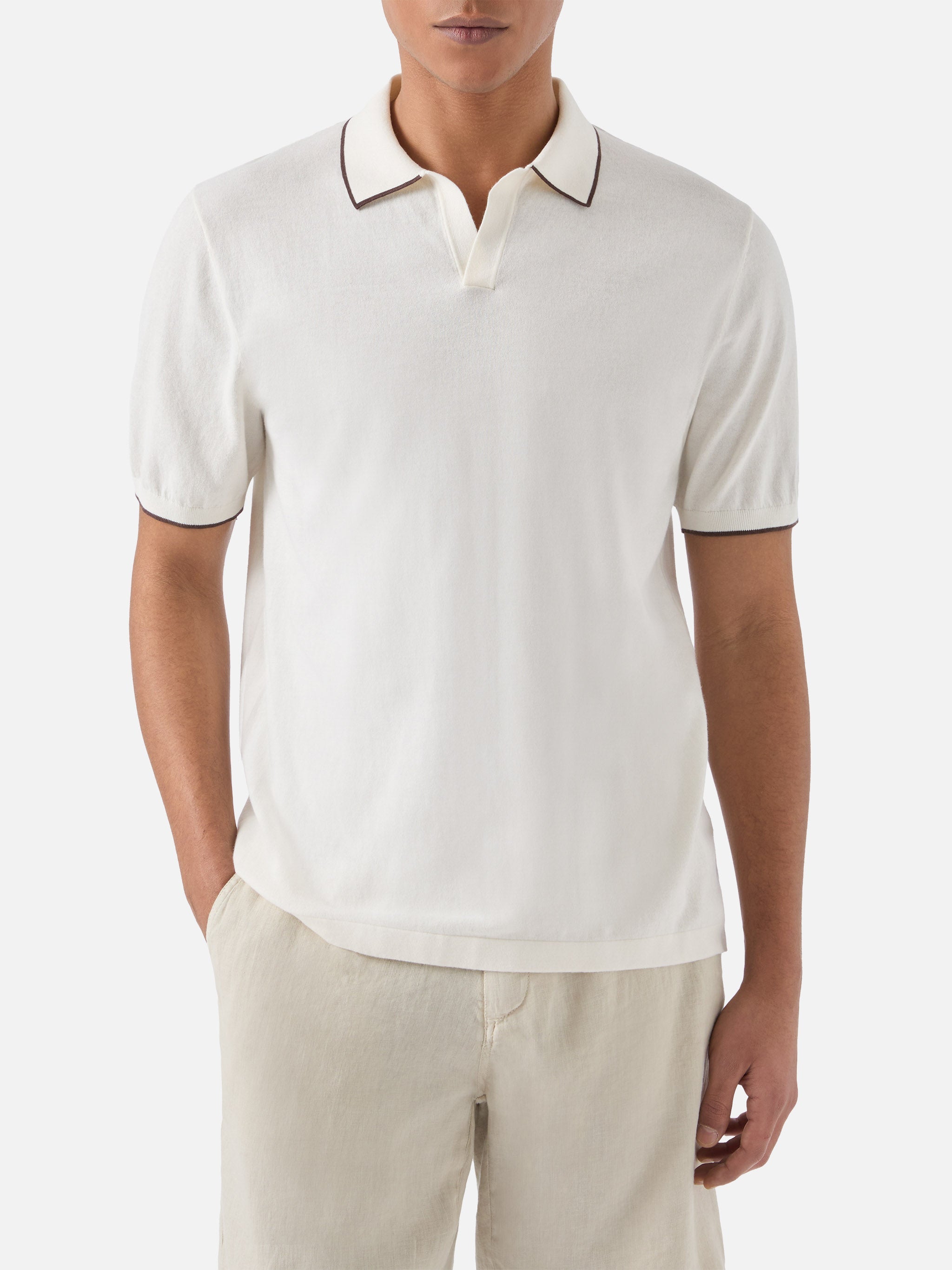 Sloan Beige Polo Premium High-Twist Cotton With Contrast Trims White Knitwear