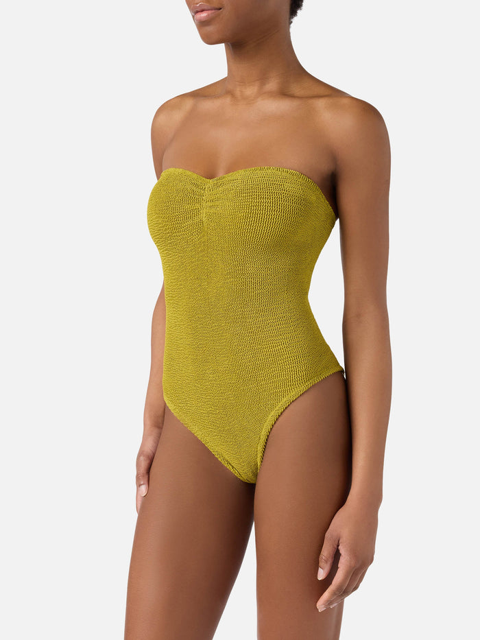 Soleil Bandeau One-Piece Swimsuit Pistachio Green Crinkle Fabric One Piece