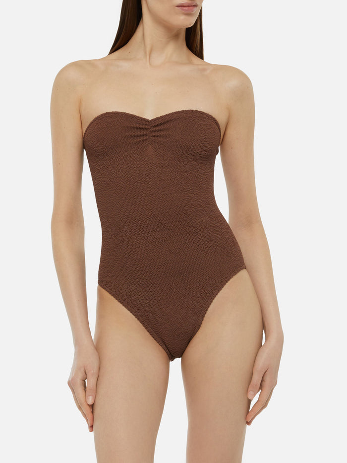 Soleil Brown Crinkle Strapless One-Piece Swimsuit One Piece