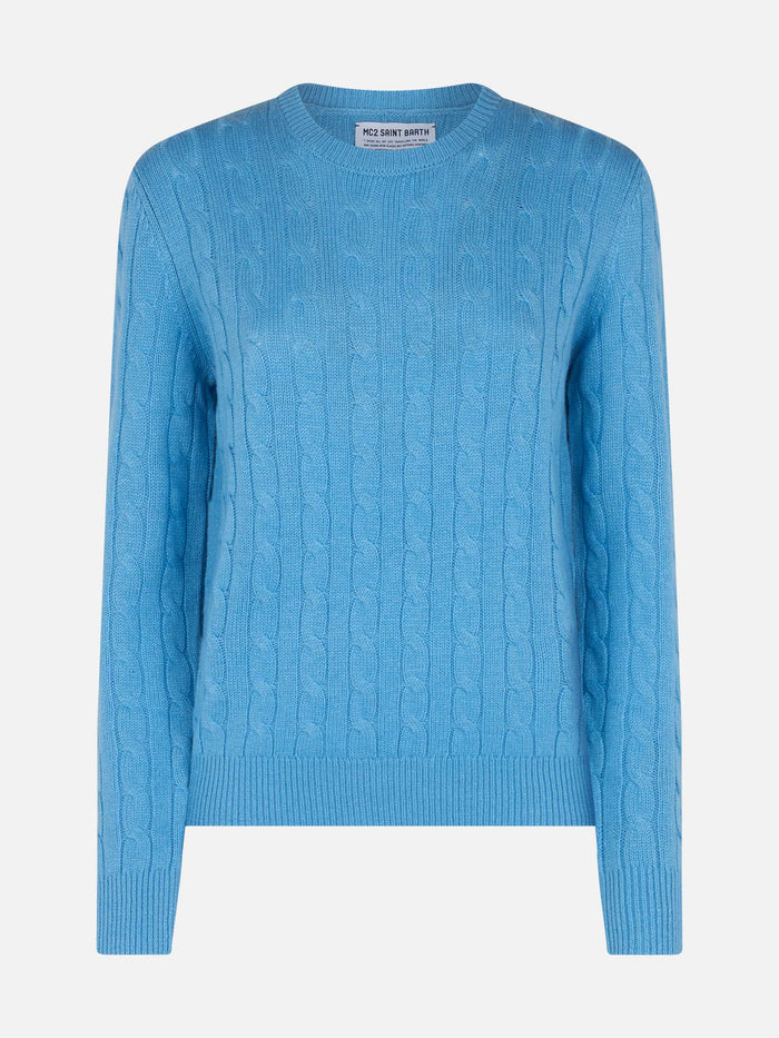 Sorbonne Dusty Blue Cable Knit Cashmere Blend Sweater Sky