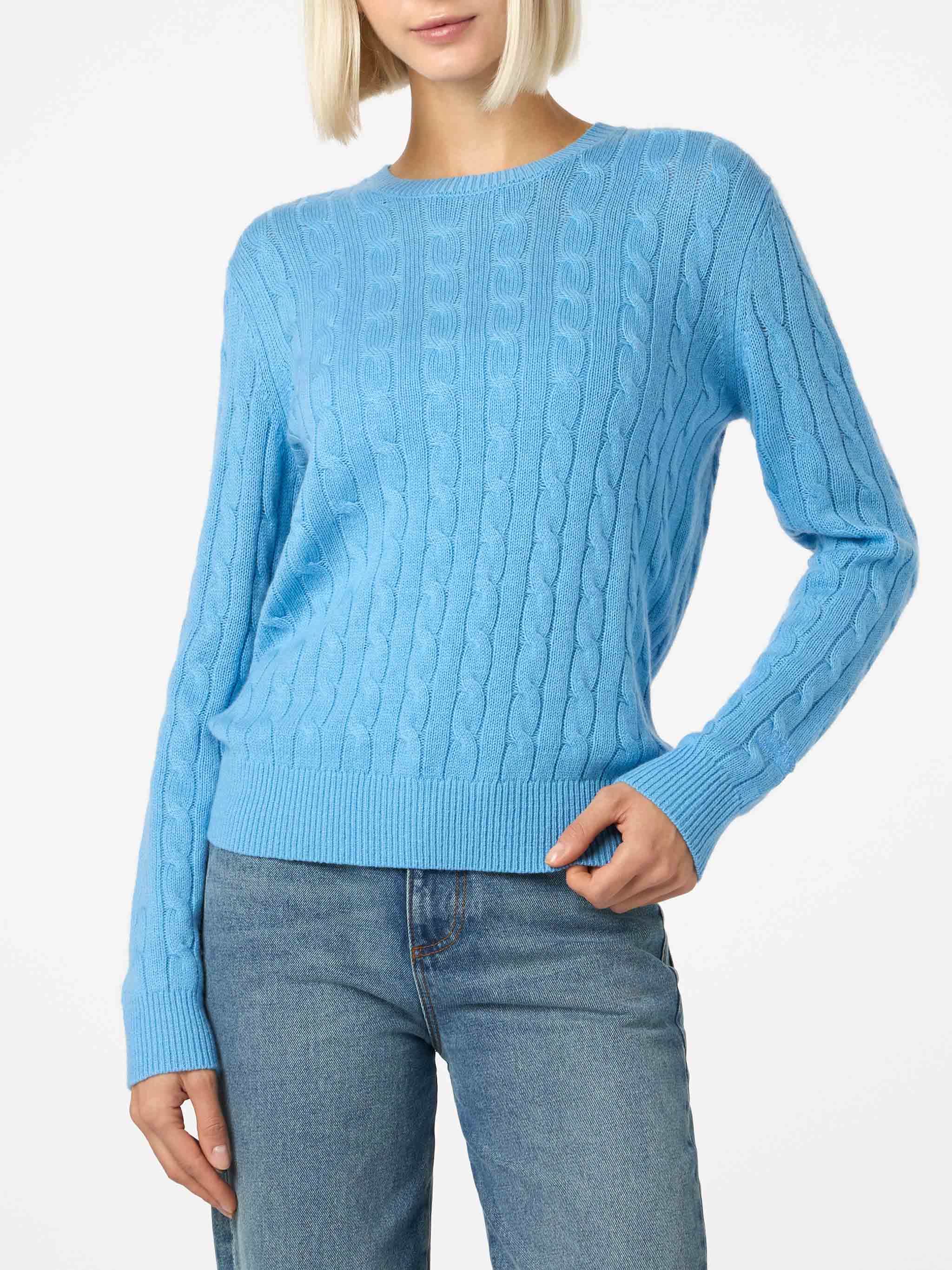 Sorbonne Dusty Blue Cable Knit Cashmere Blend Sweater Sky