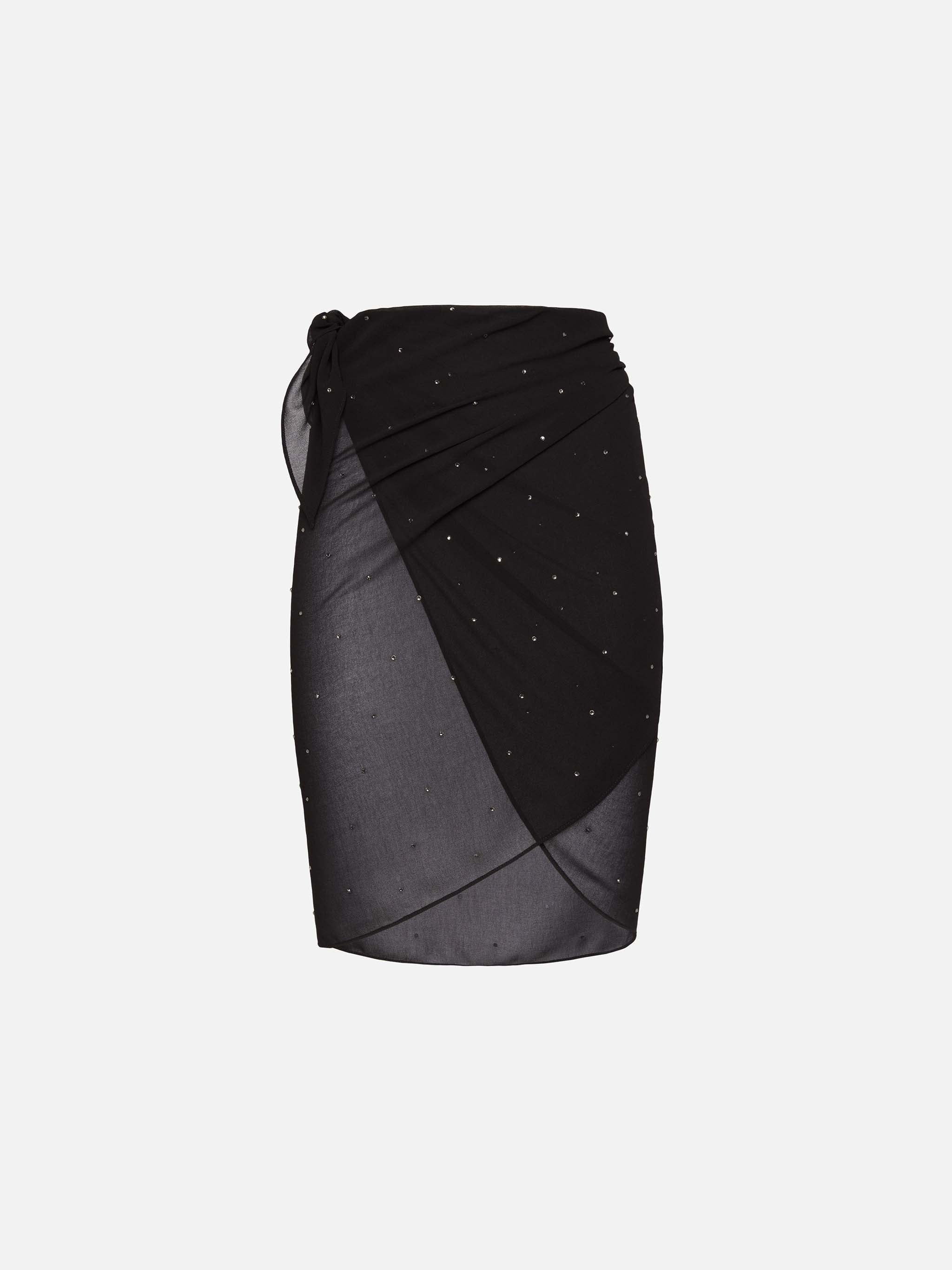 Sery Short Black Georgette Pareo With Rhinestone Embellishment Sarong