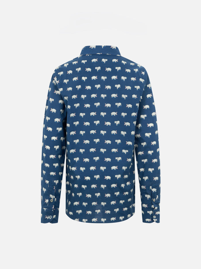 Blue Boy Muslin Cotton Shirt Sharouk With Micro Hippo Print
