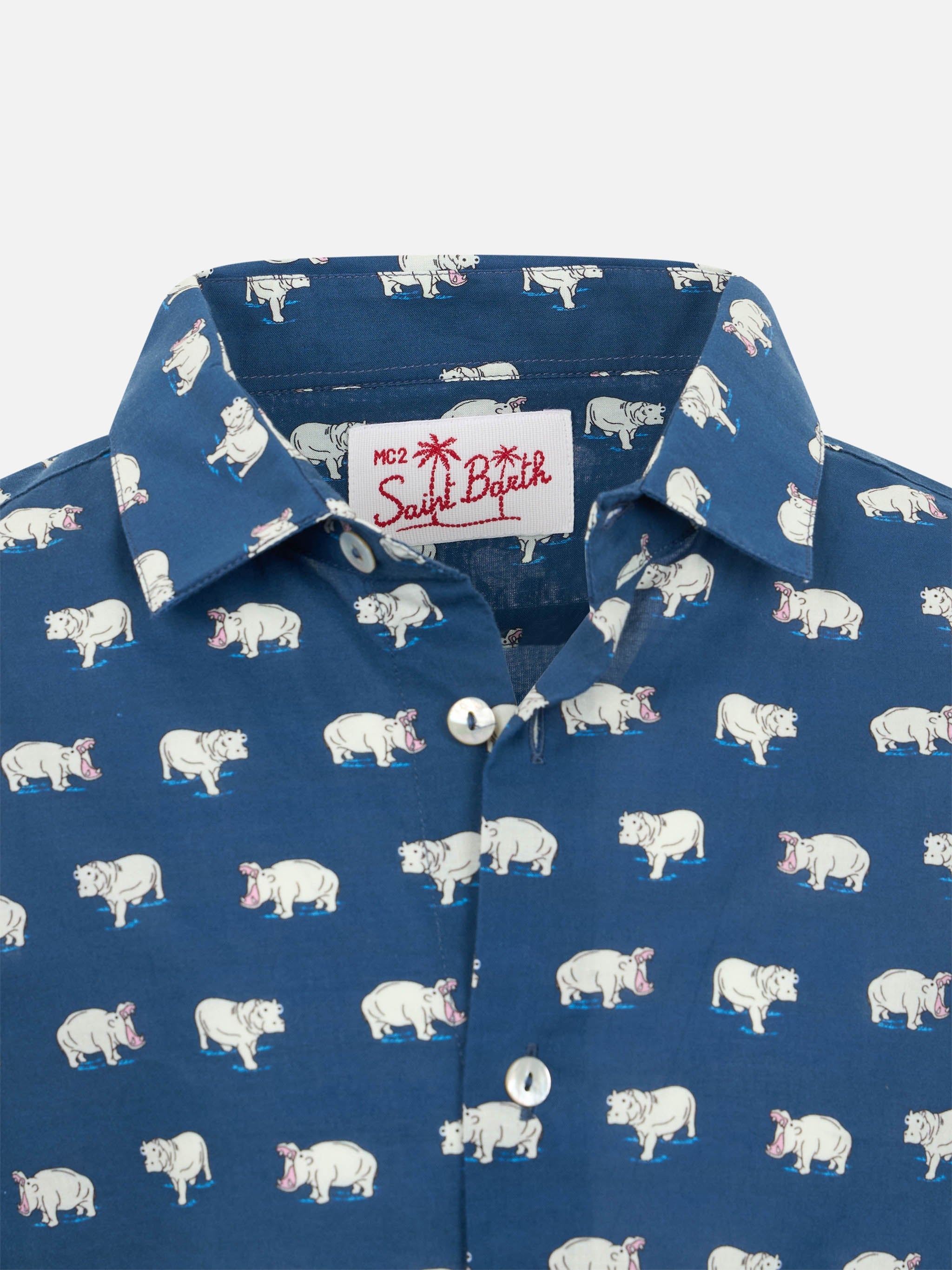 Blue Boy Muslin Cotton Shirt Sharouk With Micro Hippo Print
