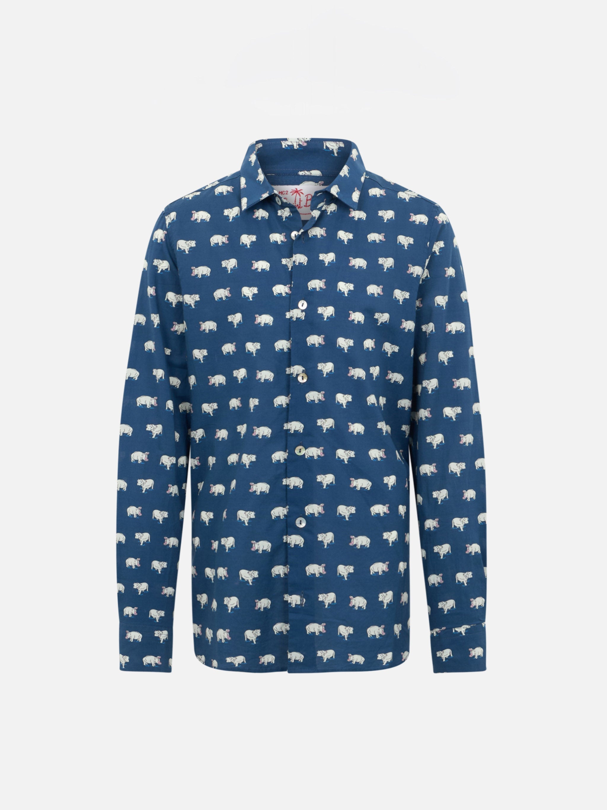 Blue Boy Muslin Cotton Shirt Sharouk With Micro Hippo Print