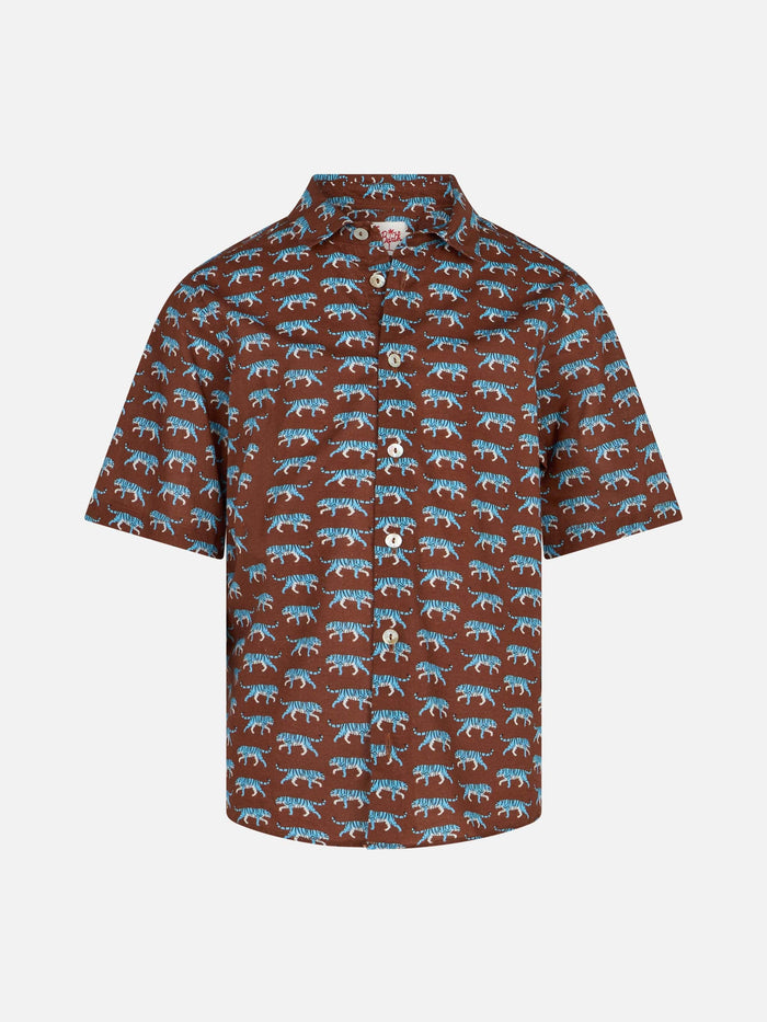 Brown Boy Muslin Cotton Shirt Sharouk With Tiger Print
