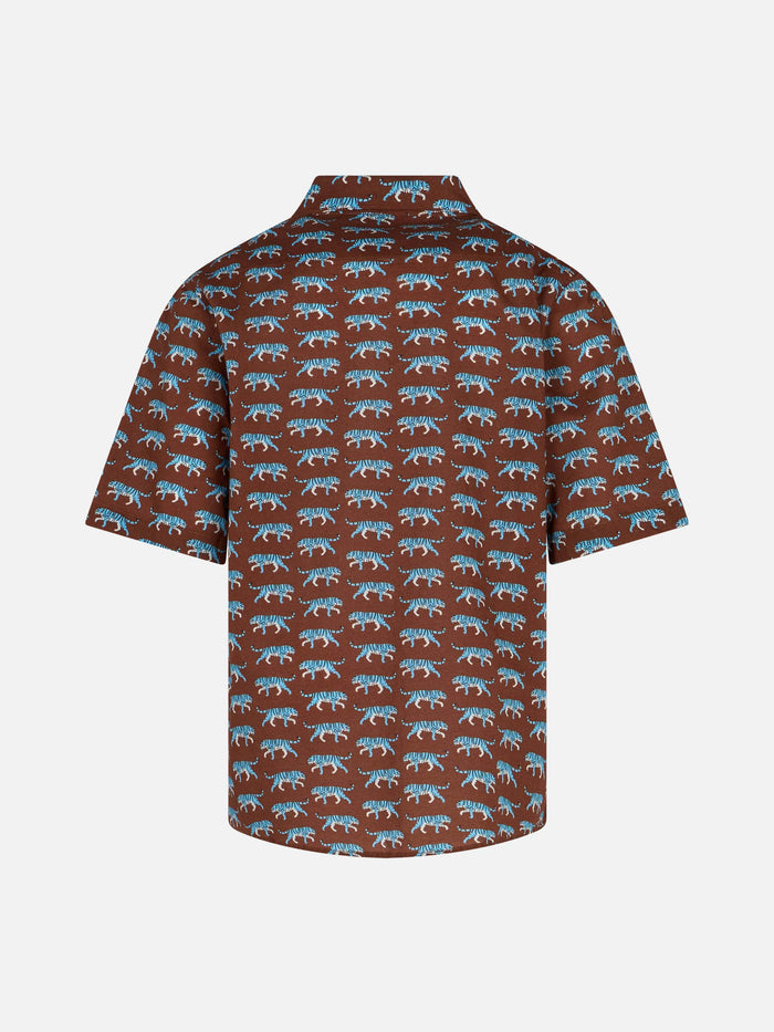 Brown Boy Muslin Cotton Shirt Sharouk With Tiger Print