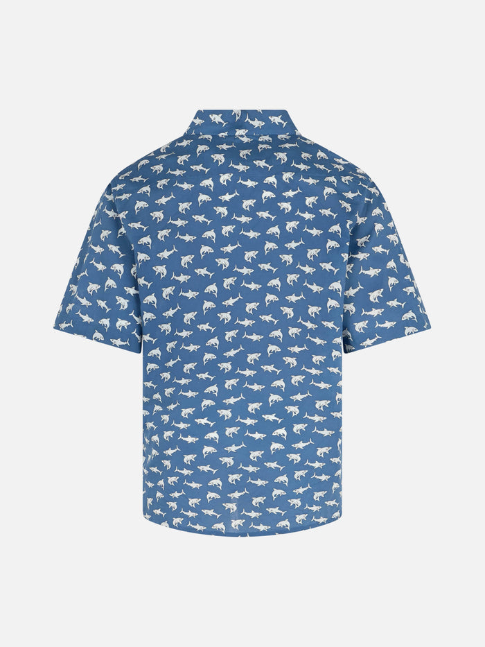 Blue Boy Muslin Cotton Shirt Sharouk With Shark Print