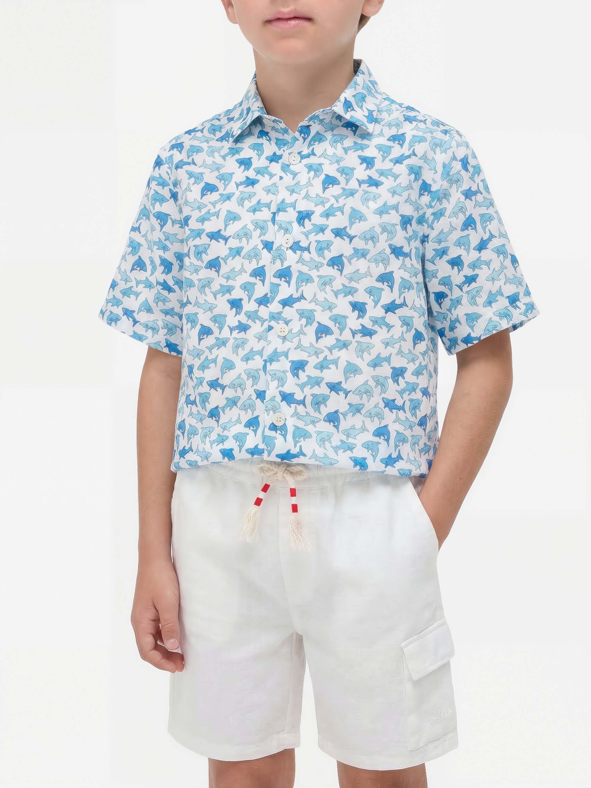 Boy Shirt With Light Blue Sharks All Over Print White