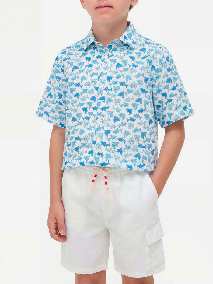 Boy Shirt With Light Blue Sharks All Over Print White