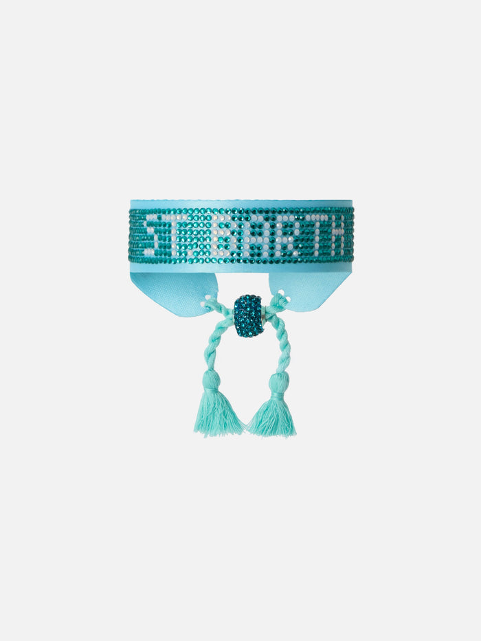 Light Blue Fabric Bracelet With St. Barth Beaded Lettering Green