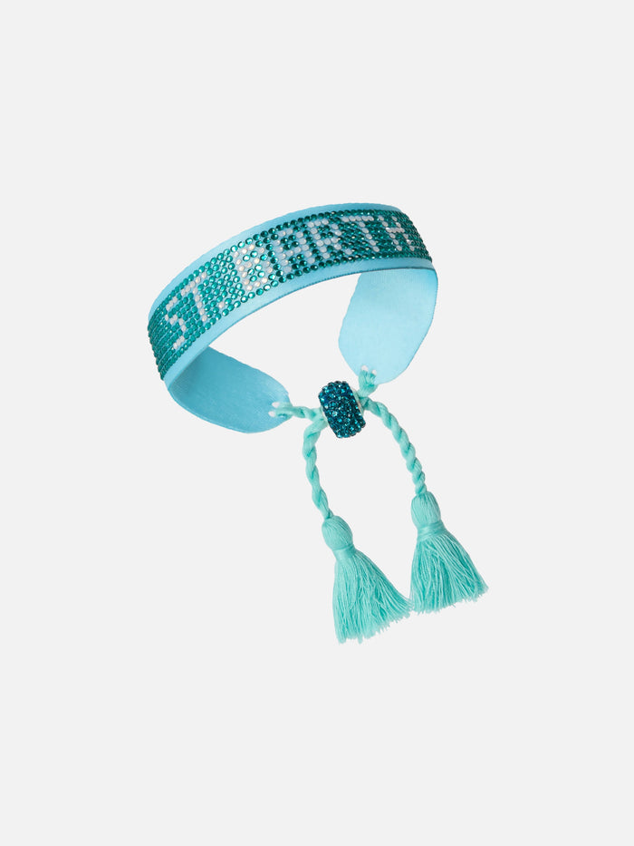 Light Blue Fabric Bracelet With St. Barth Beaded Lettering Green