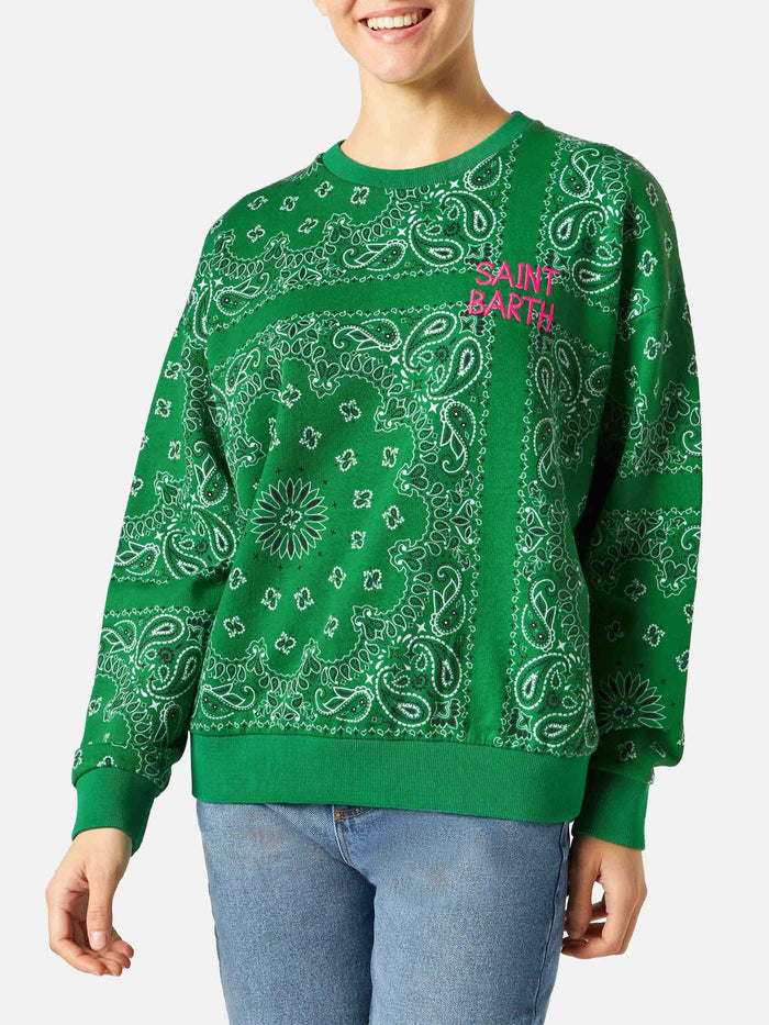 Green Stardust Cotton Sweatshirt With Bandana Print