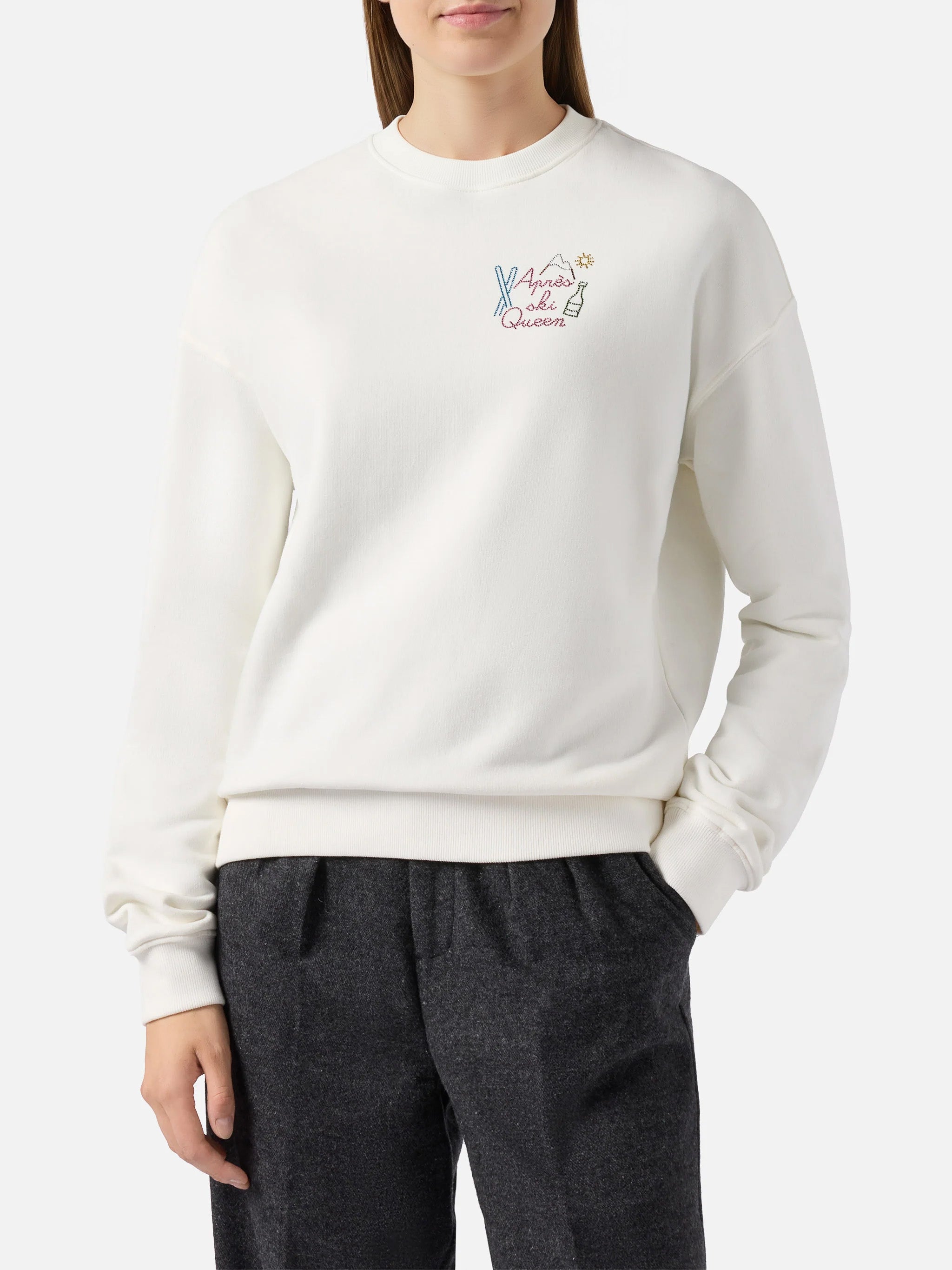 Stardust Cotton Sweatshirt White With Rhinestone Appliqué Après Ski Queen
