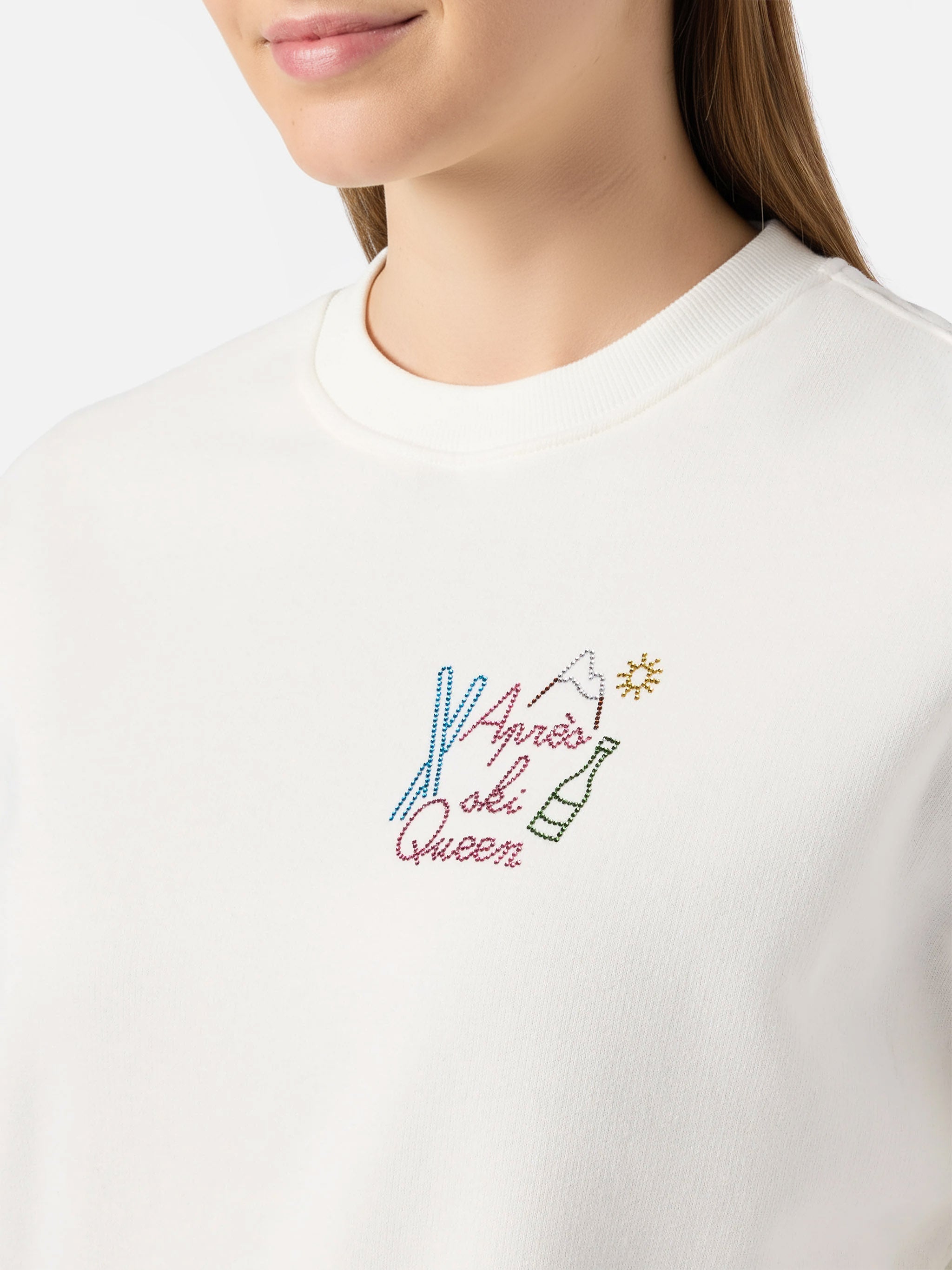 Stardust Cotton Sweatshirt White With Rhinestone Appliqué Après Ski Queen
