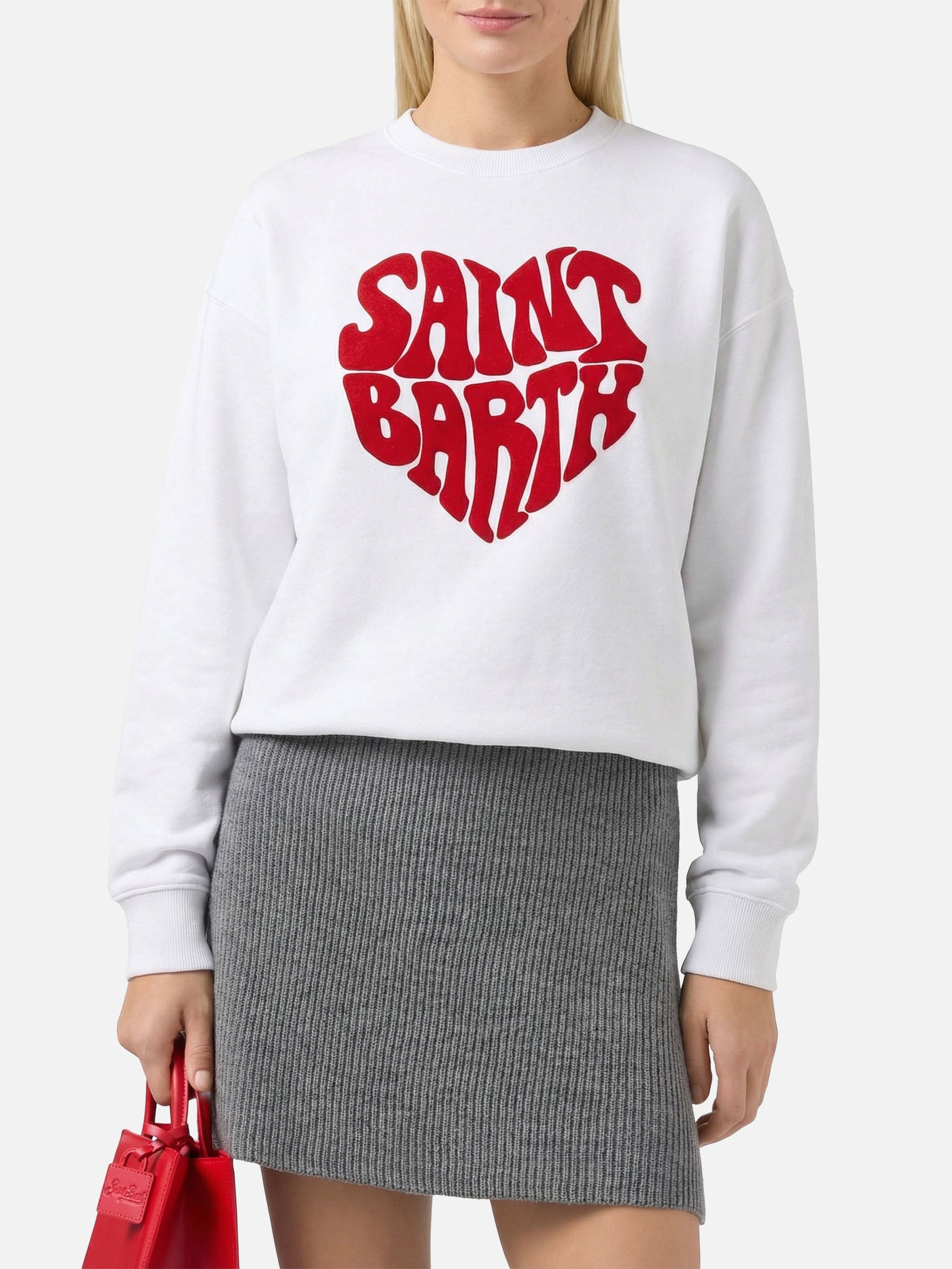 Crewneck Sweatshirt With Flocked Saint Barth Heart White