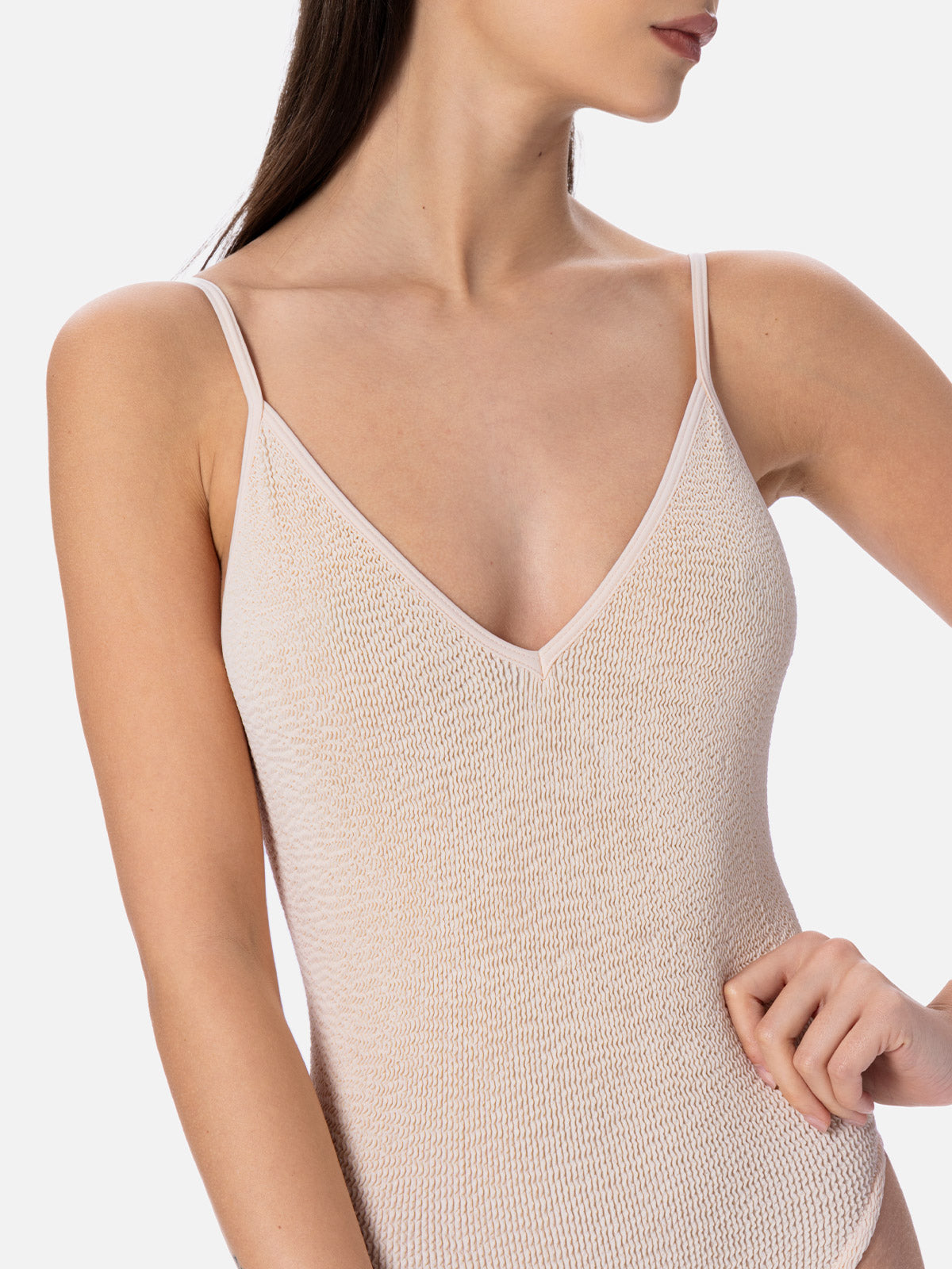 Susanne Beige Crinkle One-Piece Swimsuit White One Piece
