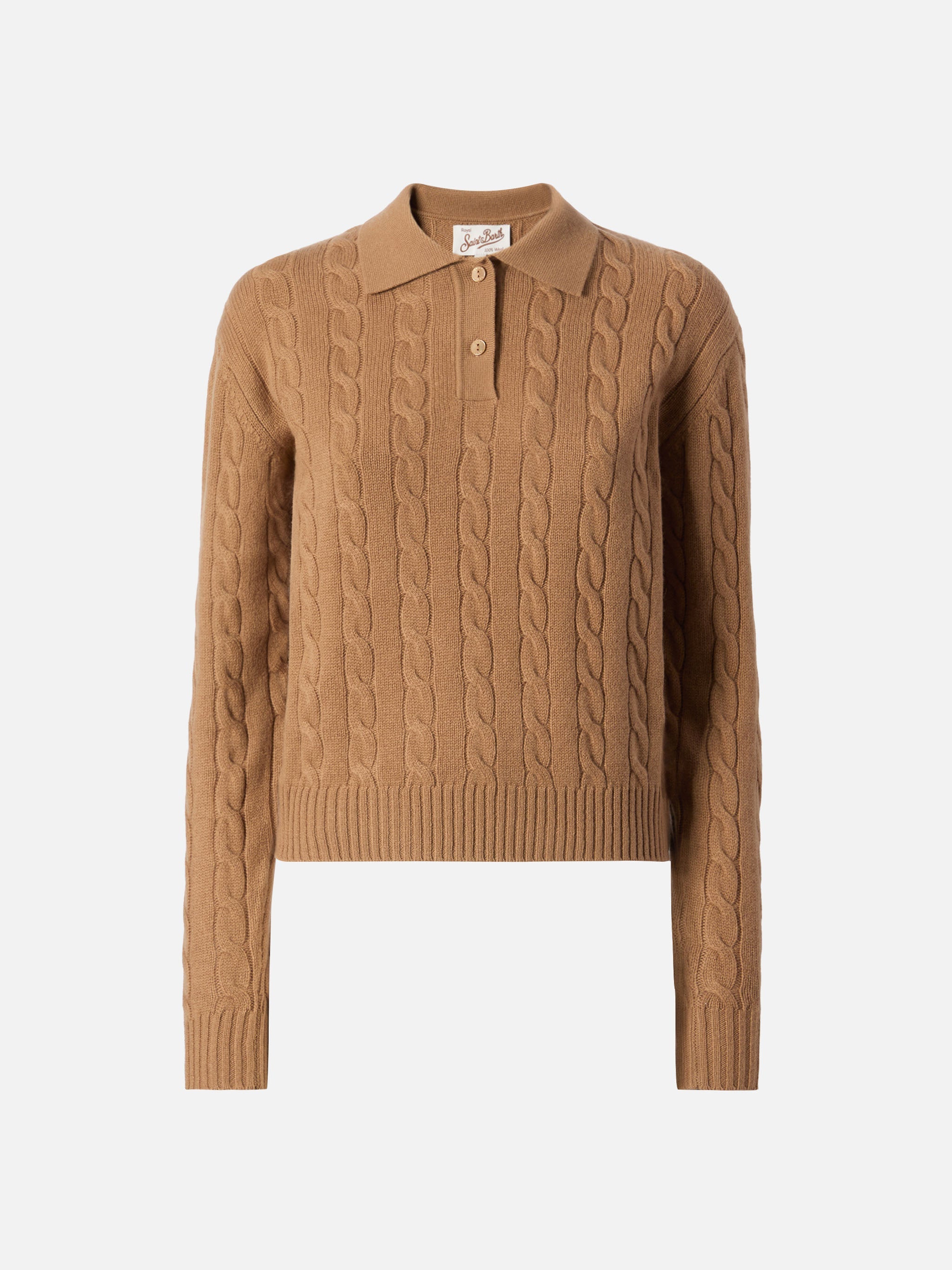 Savoy Soft-Touch Cable-Knit Merino Wool Polo Sweater Camel Brown