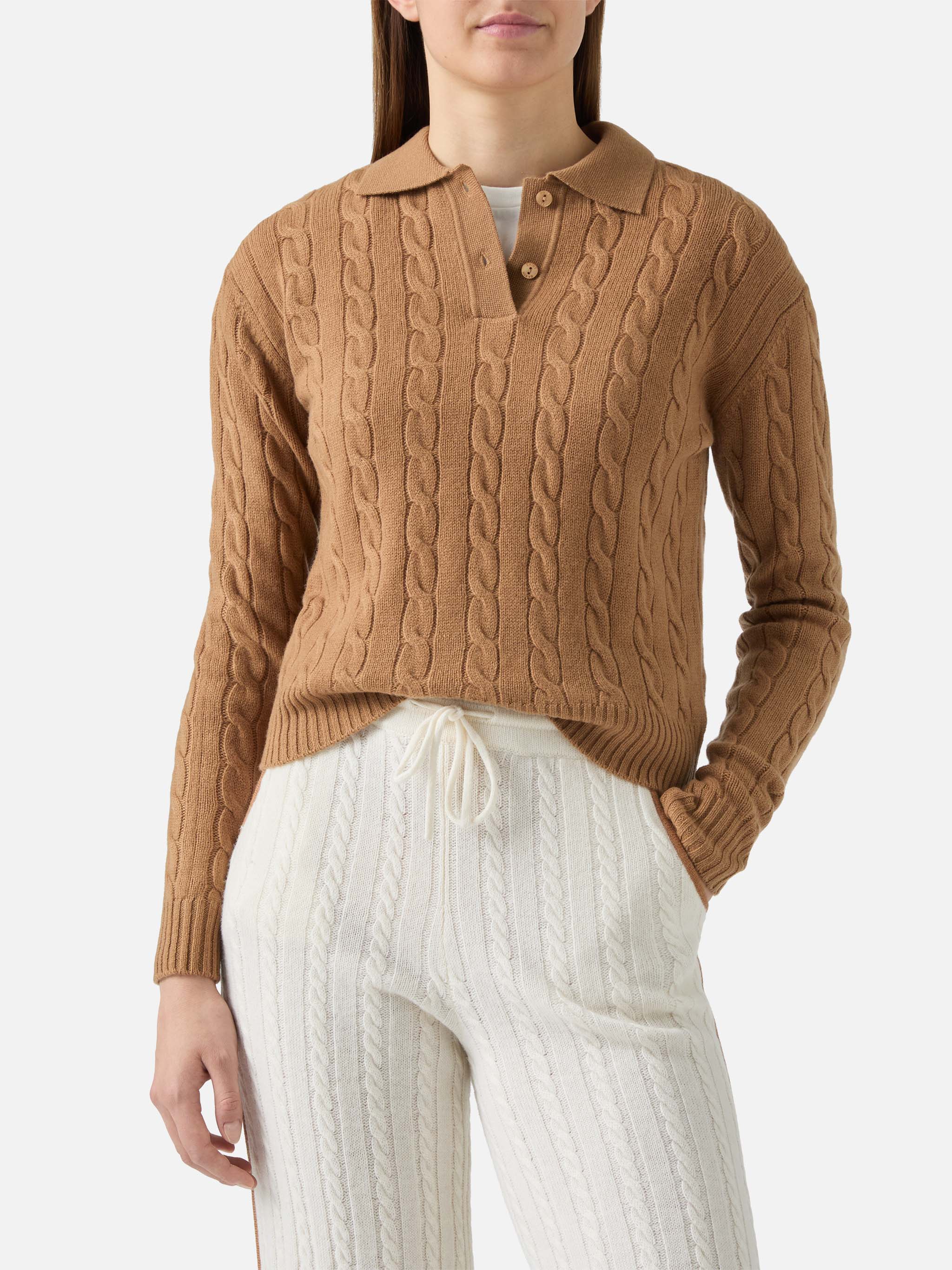 Savoy Soft-Touch Cable-Knit Merino Wool Polo Sweater Camel Brown
