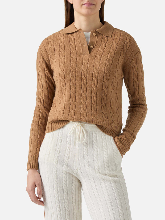 Savoy Soft-Touch Cable-Knit Merino Wool Polo Sweater Camel Brown