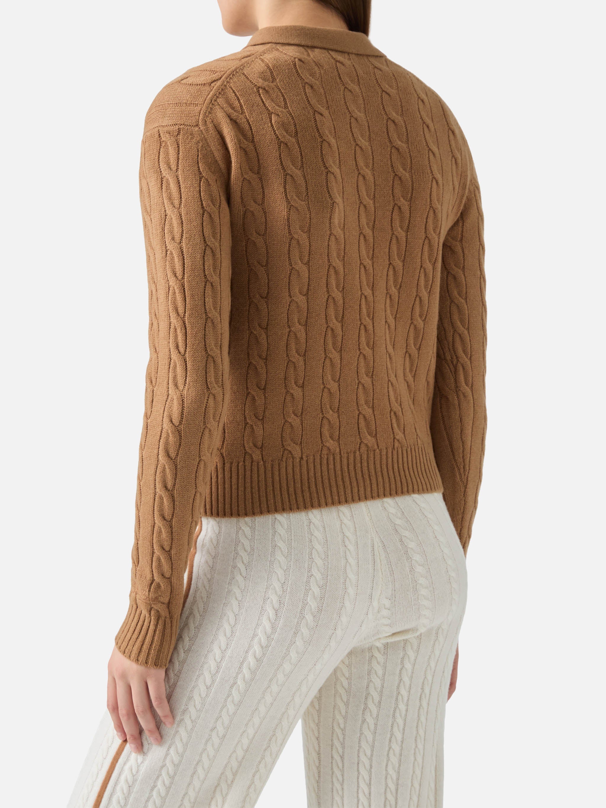 Savoy Soft-Touch Cable-Knit Merino Wool Polo Sweater Camel Brown