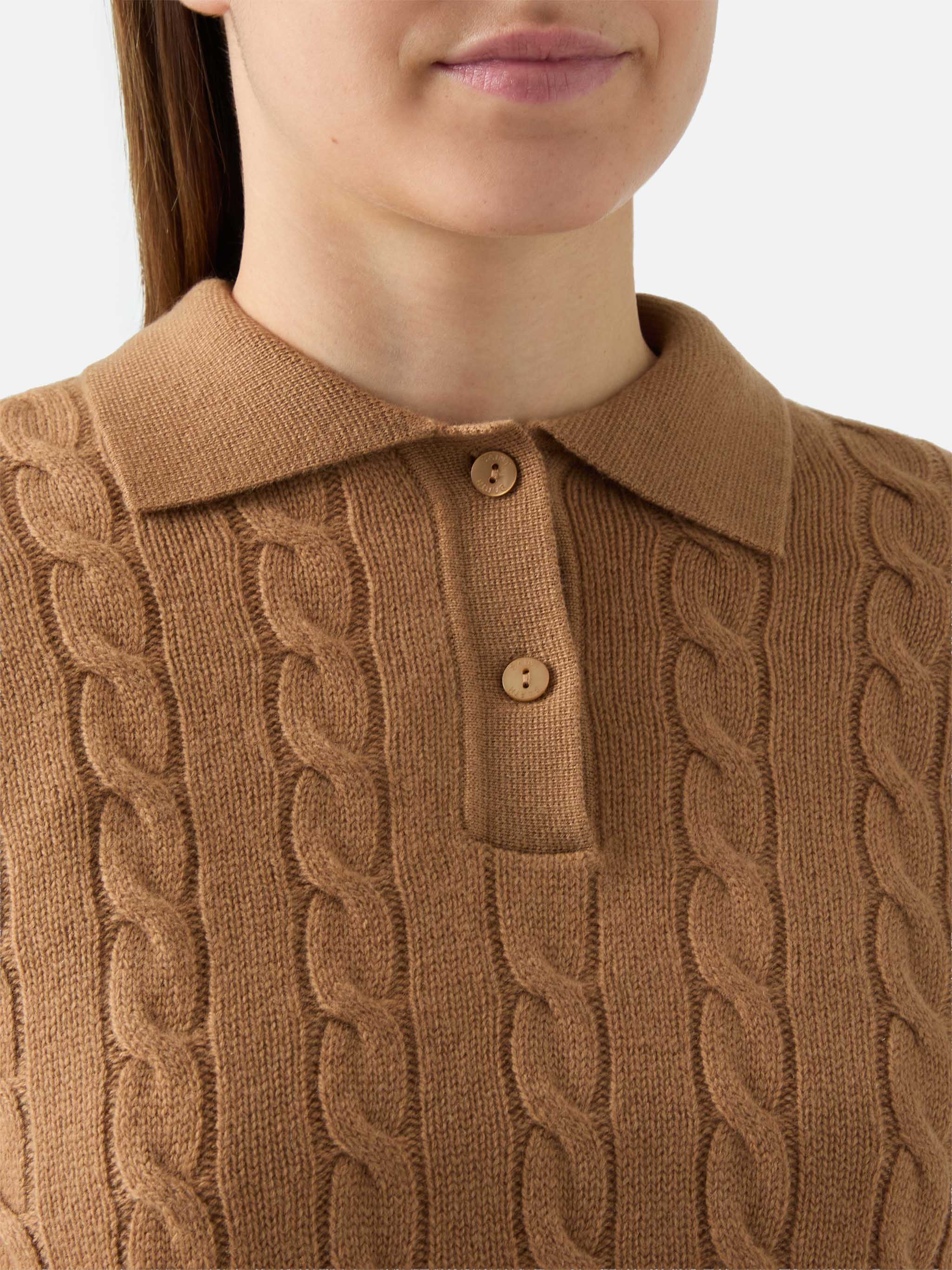 Savoy Soft-Touch Cable-Knit Merino Wool Polo Sweater Camel Brown
