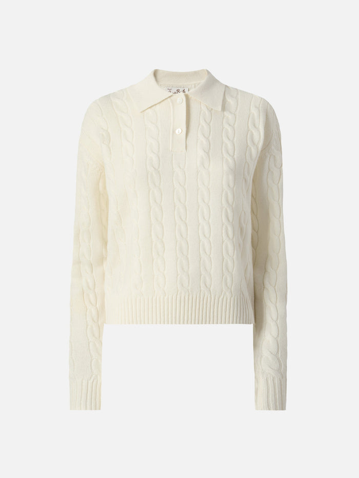 Savoy Soft-Touch Cable-Knit Merino Wool Polo Sweater White