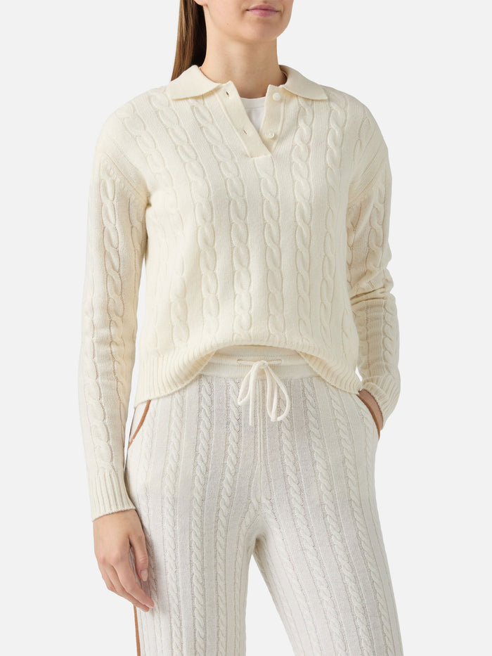 Savoy Soft-Touch Cable-Knit Merino Wool Polo Sweater White
