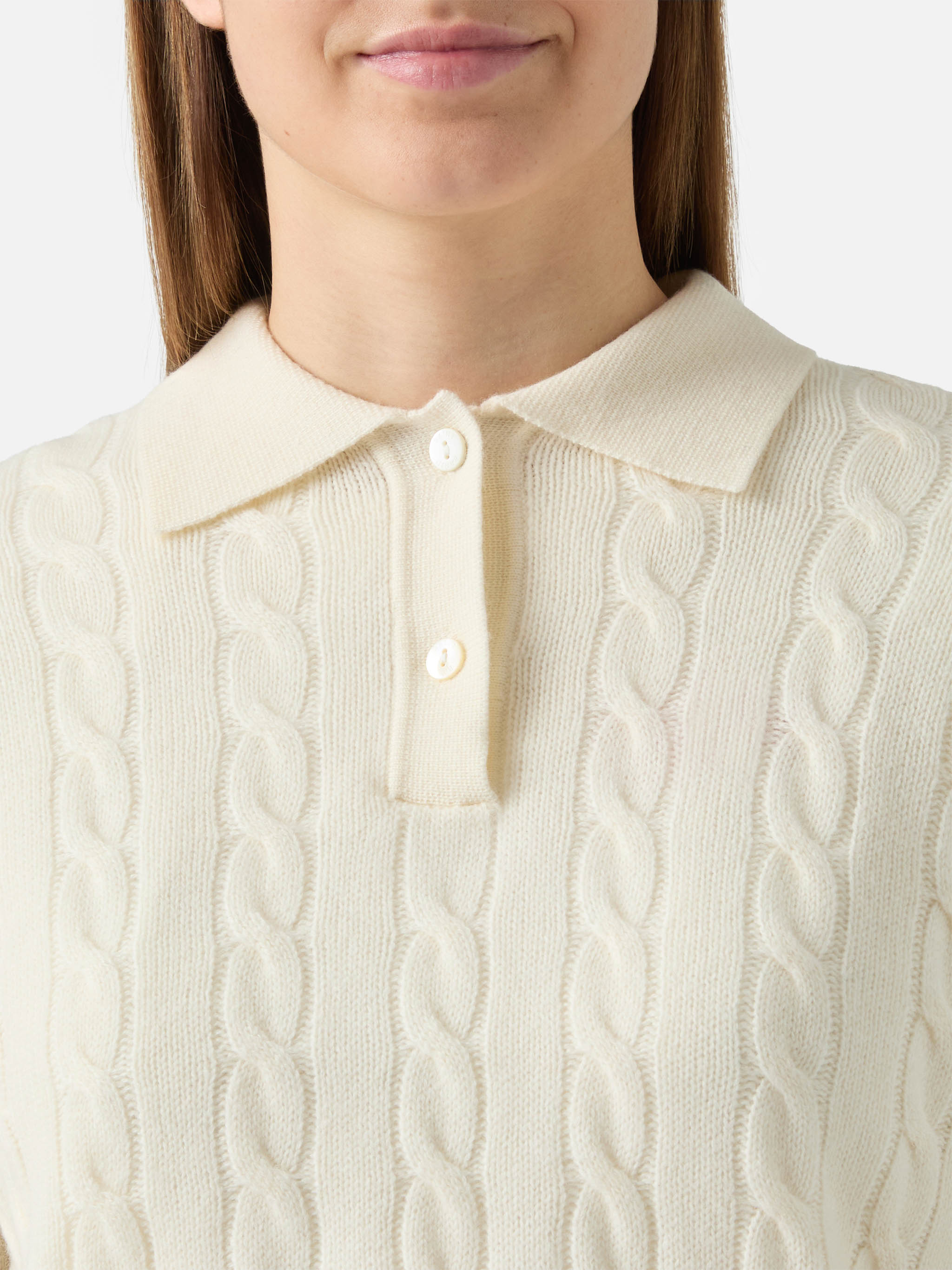 Savoy Soft-Touch Cable-Knit Merino Wool Polo Sweater White
