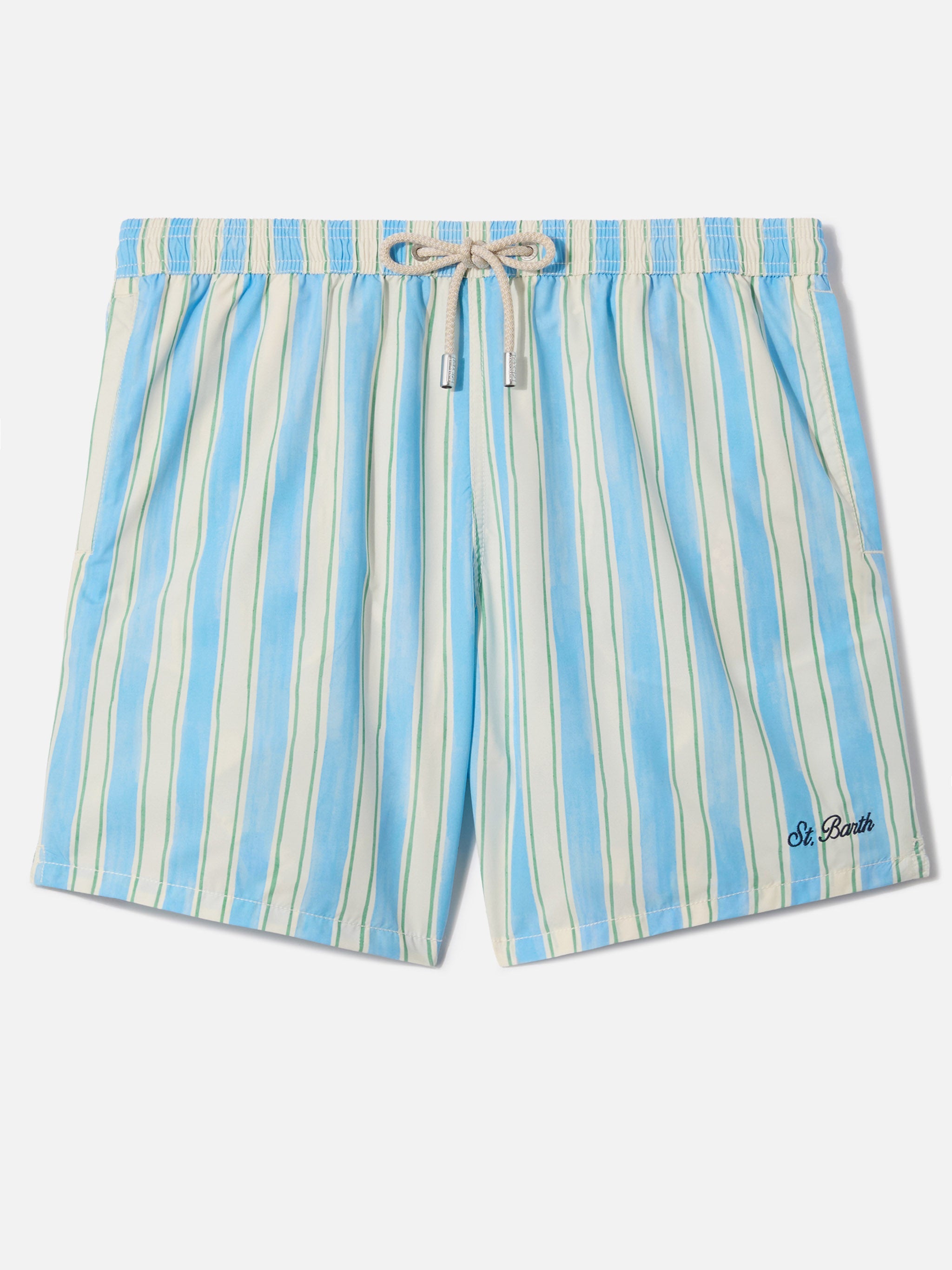 Syros Swim Shorts With Light Blue Striped Pattern And Logo Embroidery White Swimshort